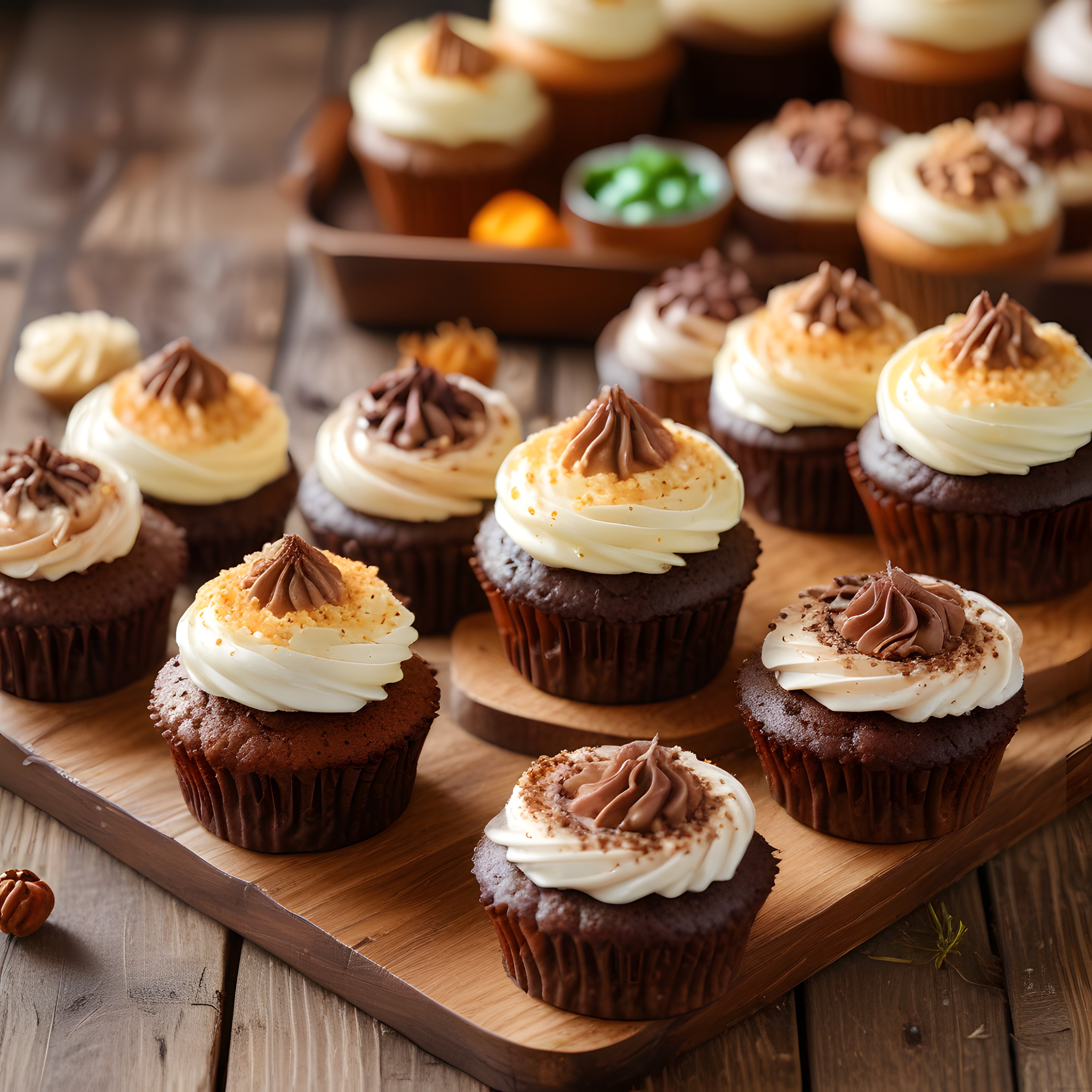 Çikolatalı Cupcakeler ve Sütlü Krema Süslemeleri ile Rustik Sunum