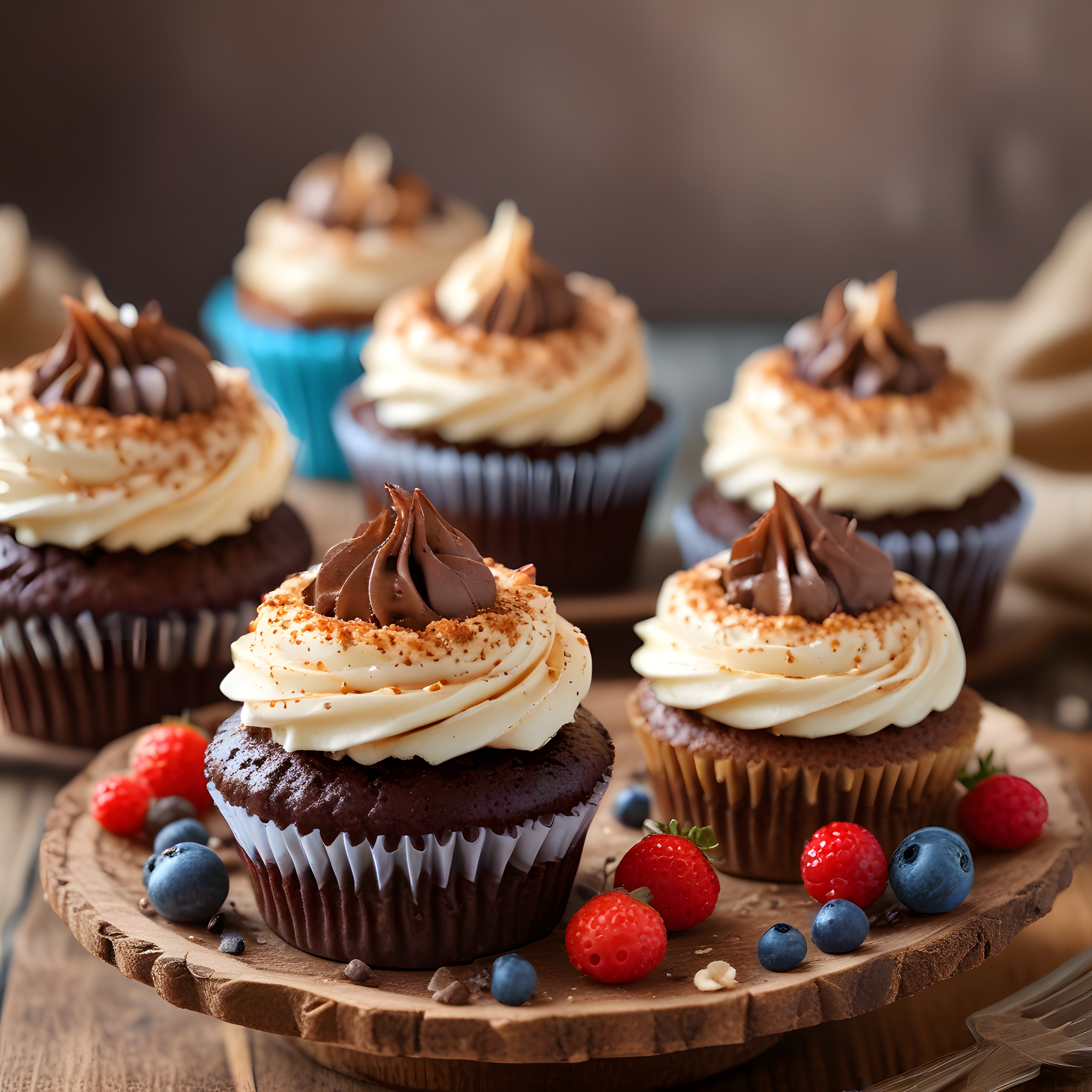 Çikolatalı Cupcakeler ve Taze Orman Meyveleriyle Rustik Tatlı Sunumu