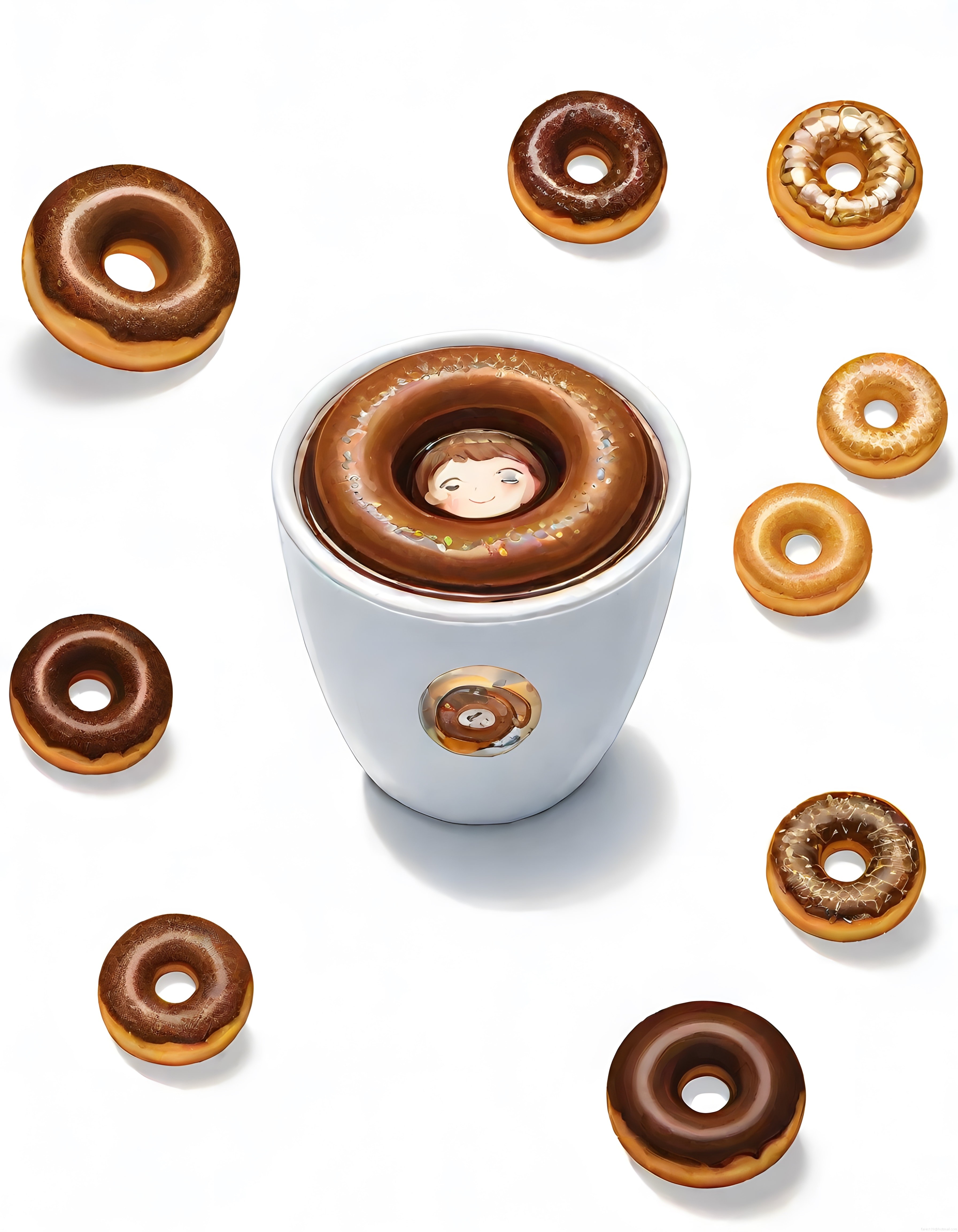 Çikolatalı Donutlar ve Anime Fincan ile Renkli 3D Tatlı Sunumu