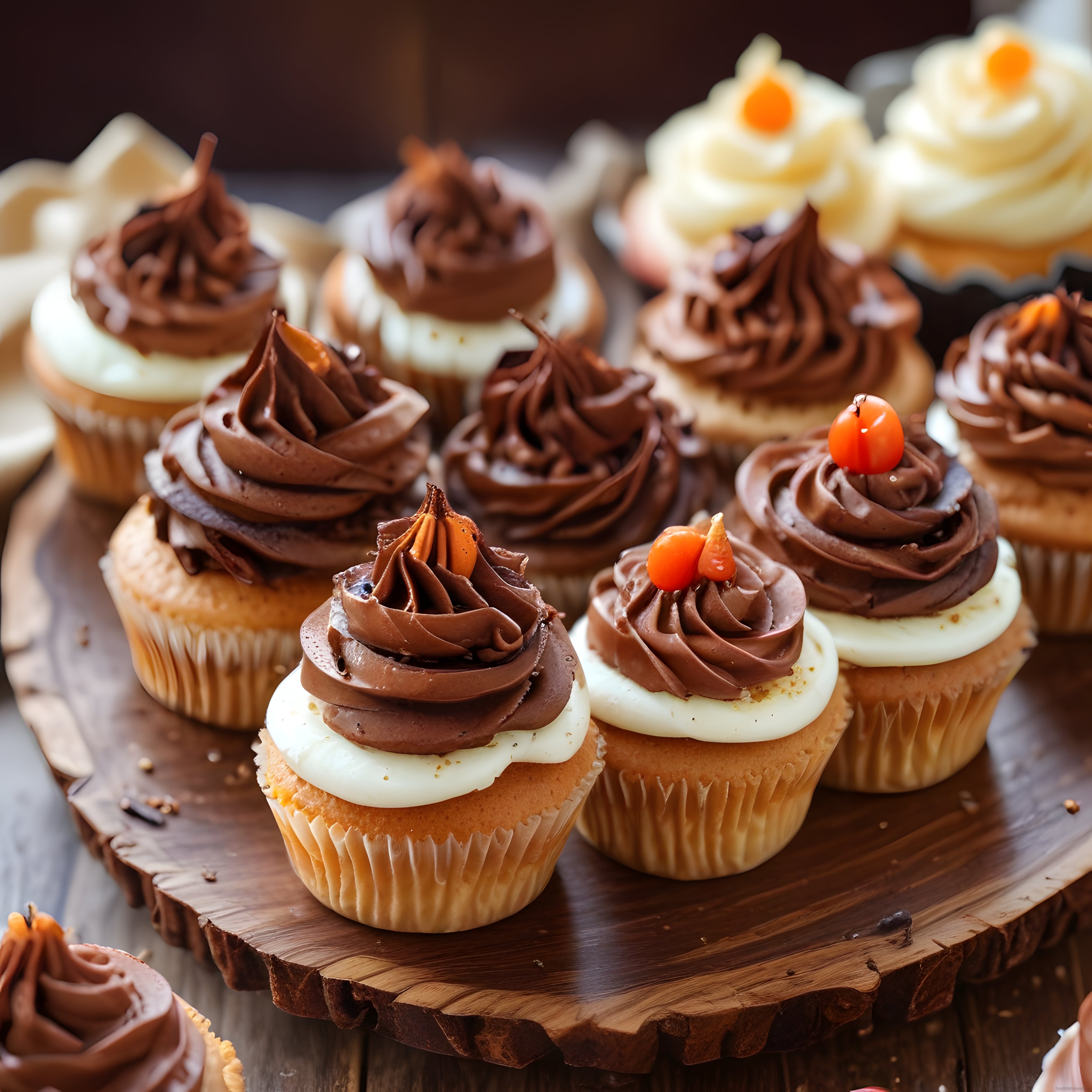 Çikolatalı kremalı cupcake'ler doğal ahşap sunum tahtası üzerinde