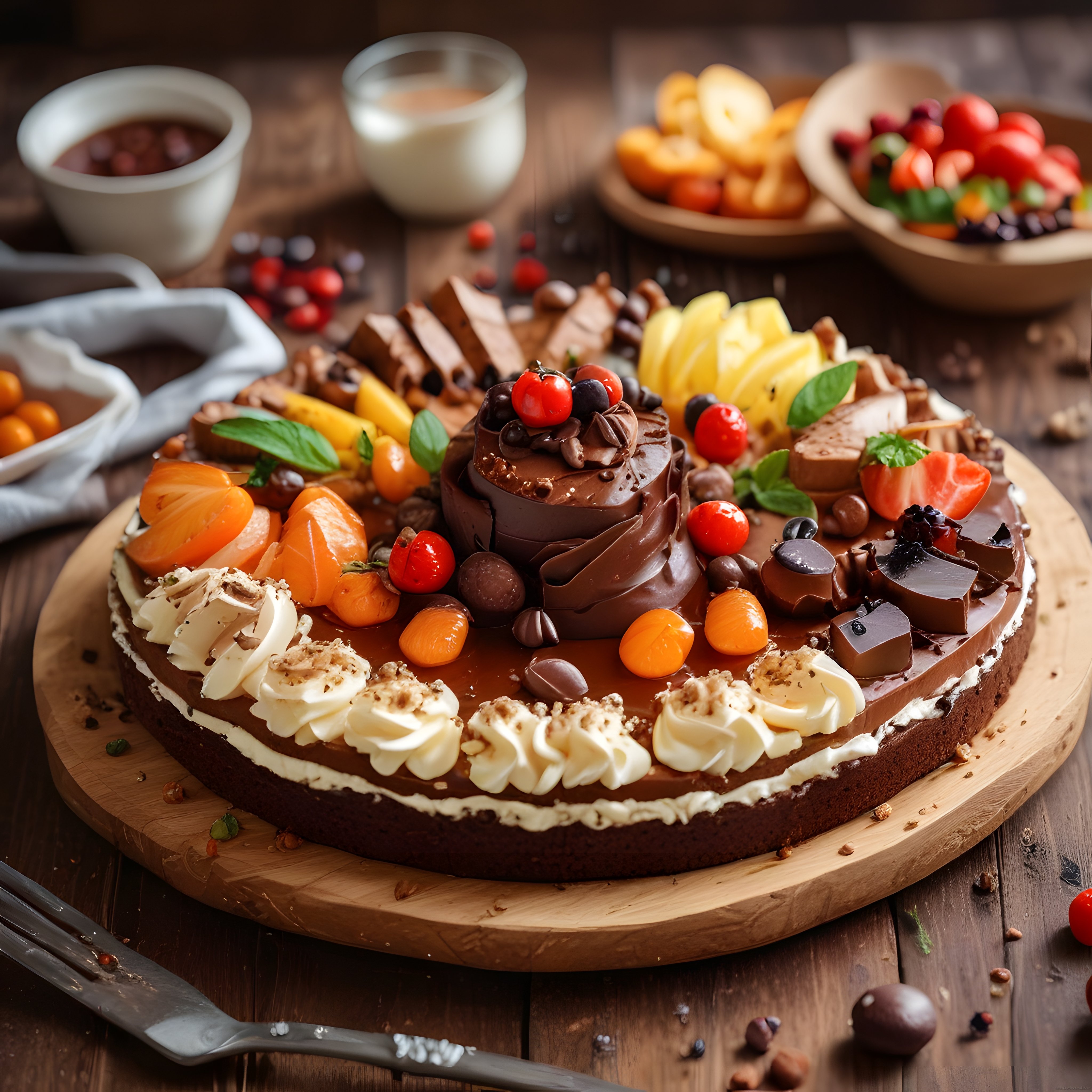 Çikolatalı Meyveli Tart Pasta: Rustik Masa Üzerinde Görkemli Sunum