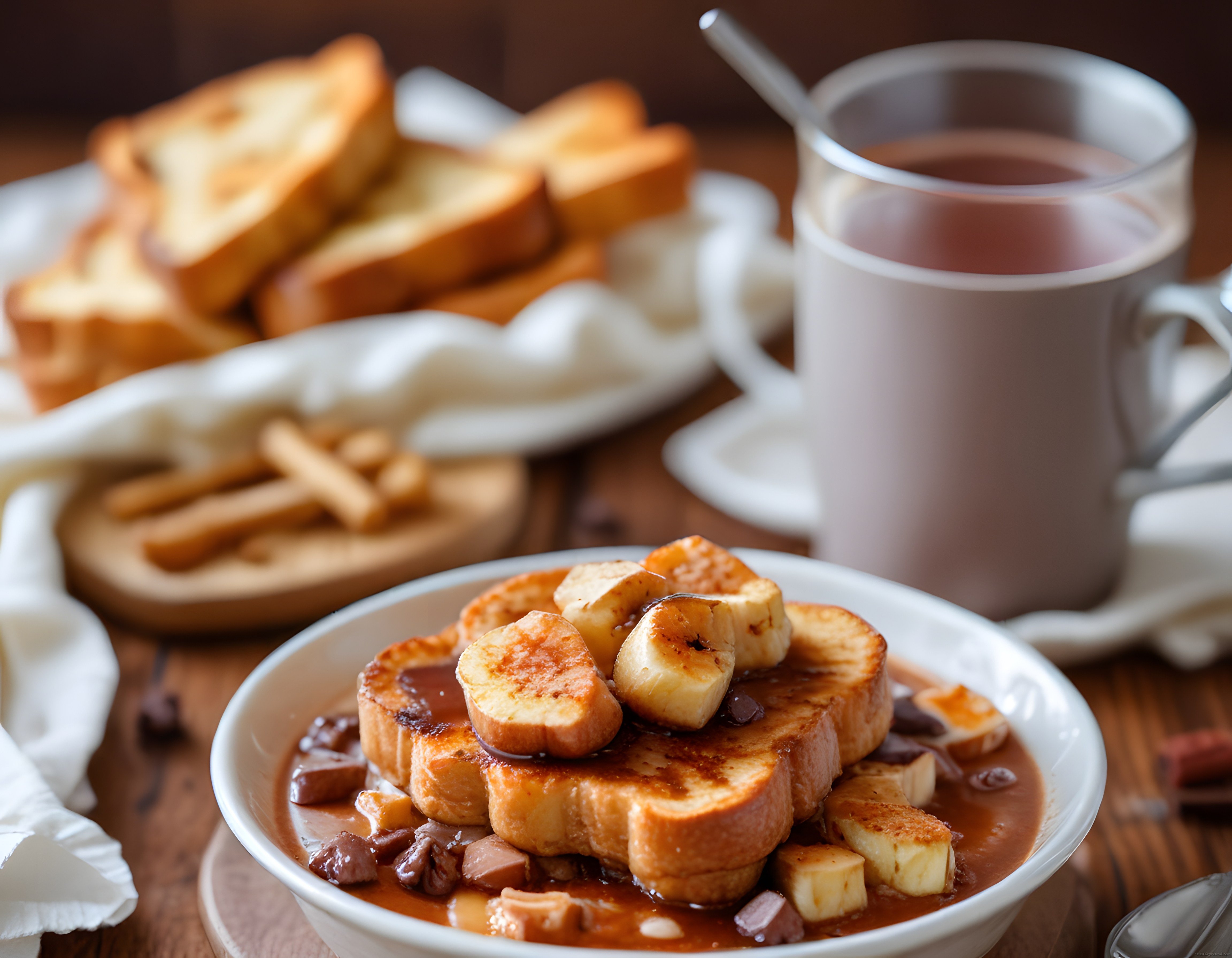Çikolatalı Muzlu French Toast ve Sıcak Çikolatalı Kahvaltı Sunumu