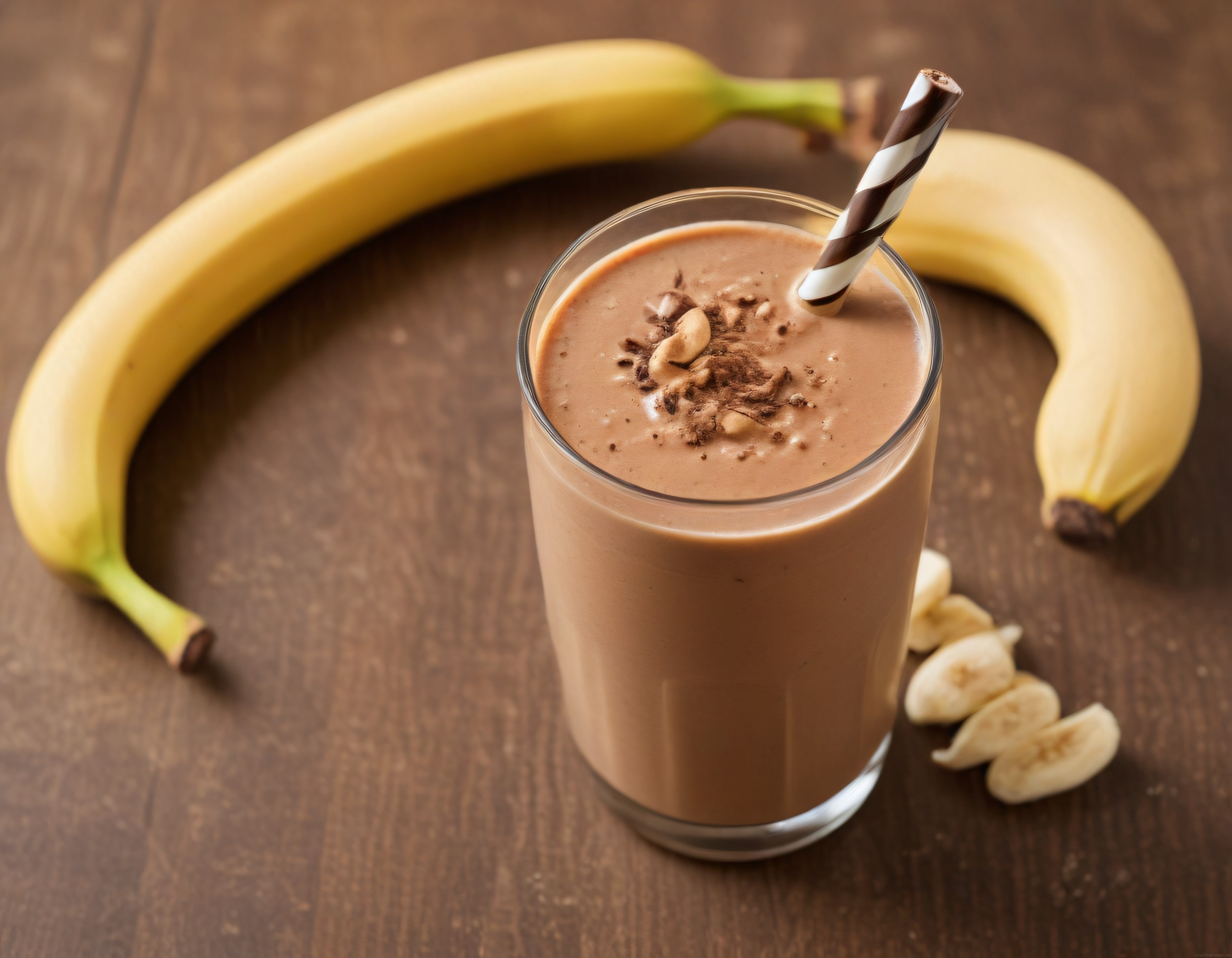 Çikolatalı muzlu smoothie, çizgili pipet ve muz dilimleriyle servis edilmiş