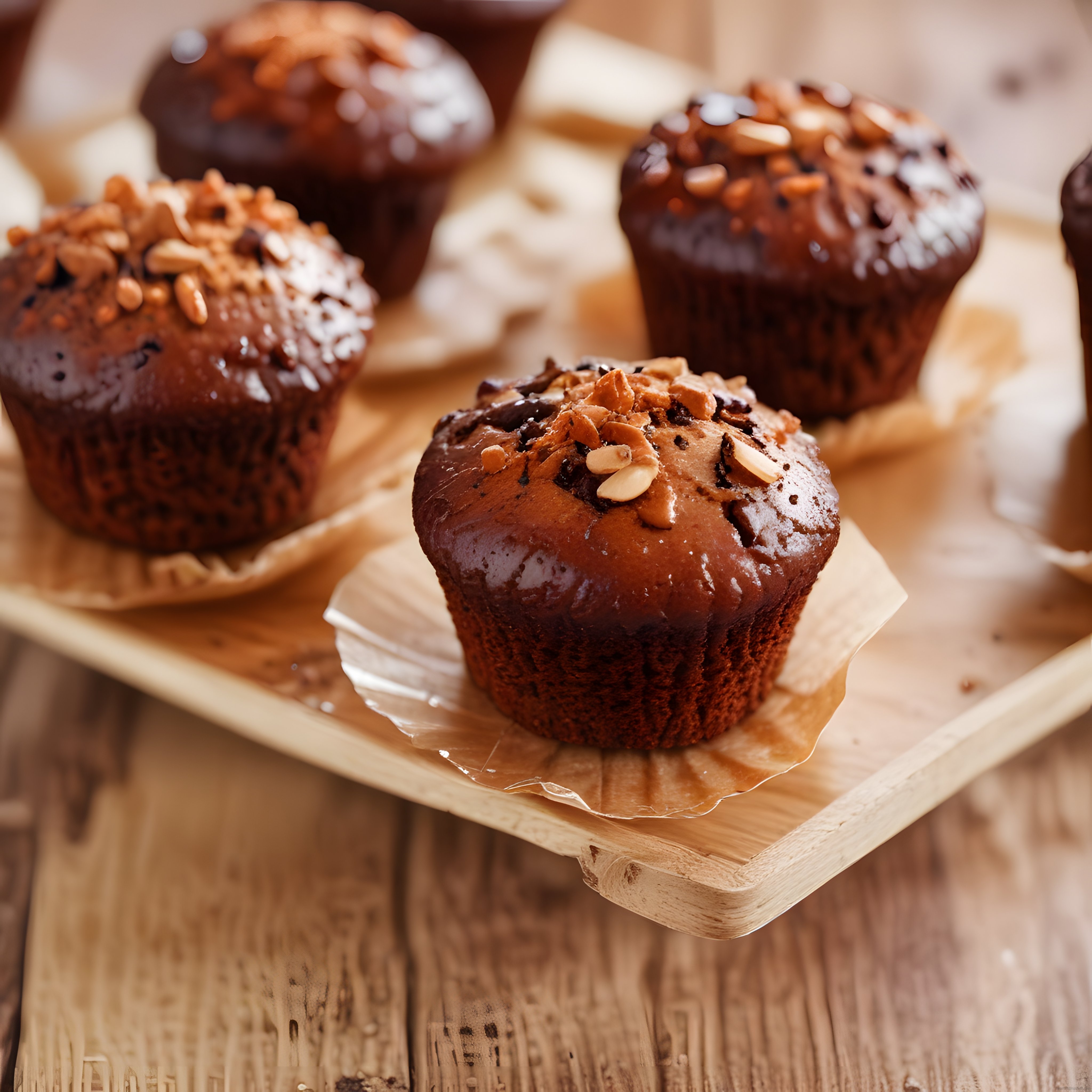 Çikolatalı ve fındıklı muffinlerin rustik ahşap sunum tahtası üzerindeki lezzetli görüntüsü