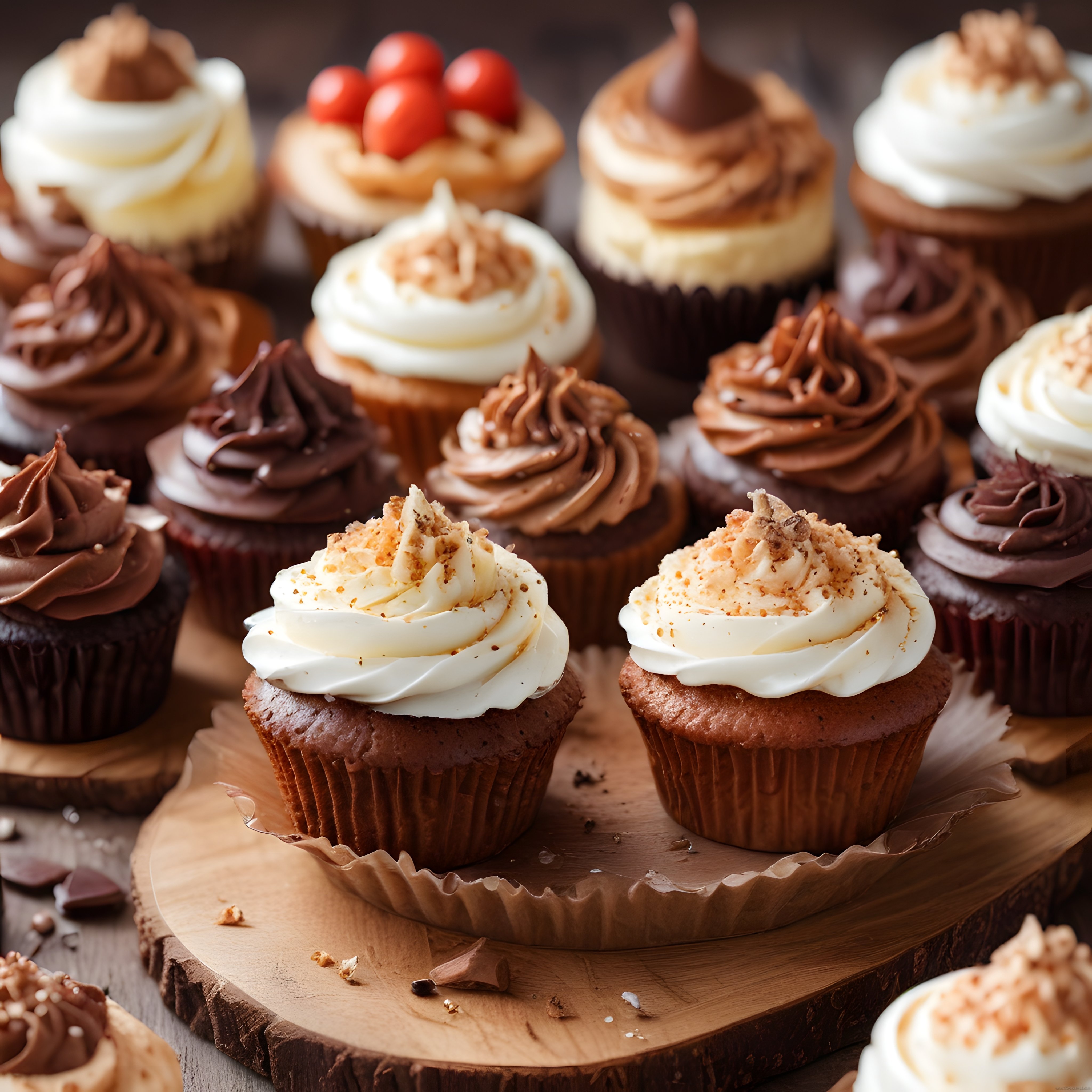 Çikolatalı ve Kremalı Cupcake Çeşitlerinin Ahşap Tahta Üzerinde Lezzetli Sunumu