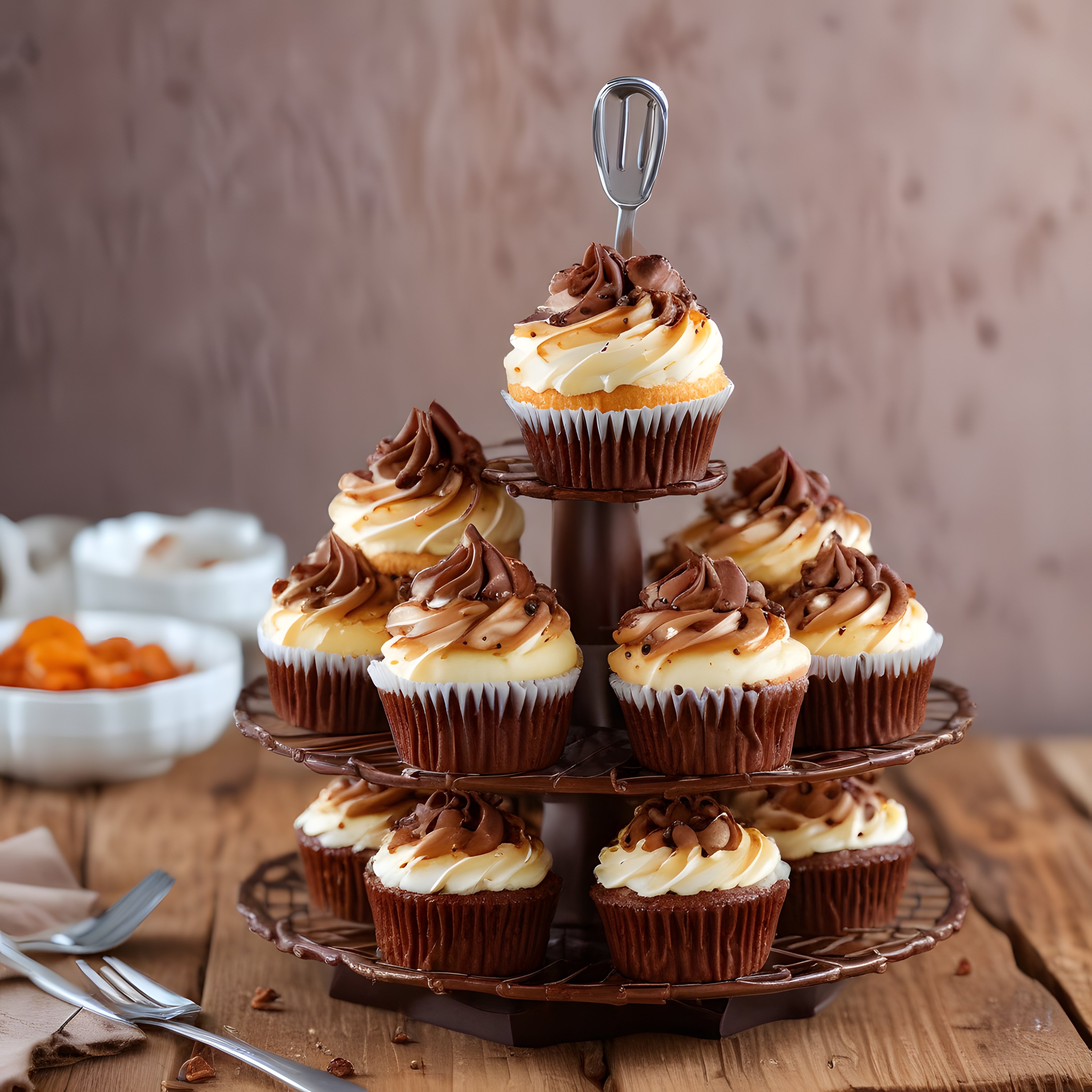 Çikolatalı ve kremalı cupcake'lerin üç katlı standda davet sofrası görünümünde