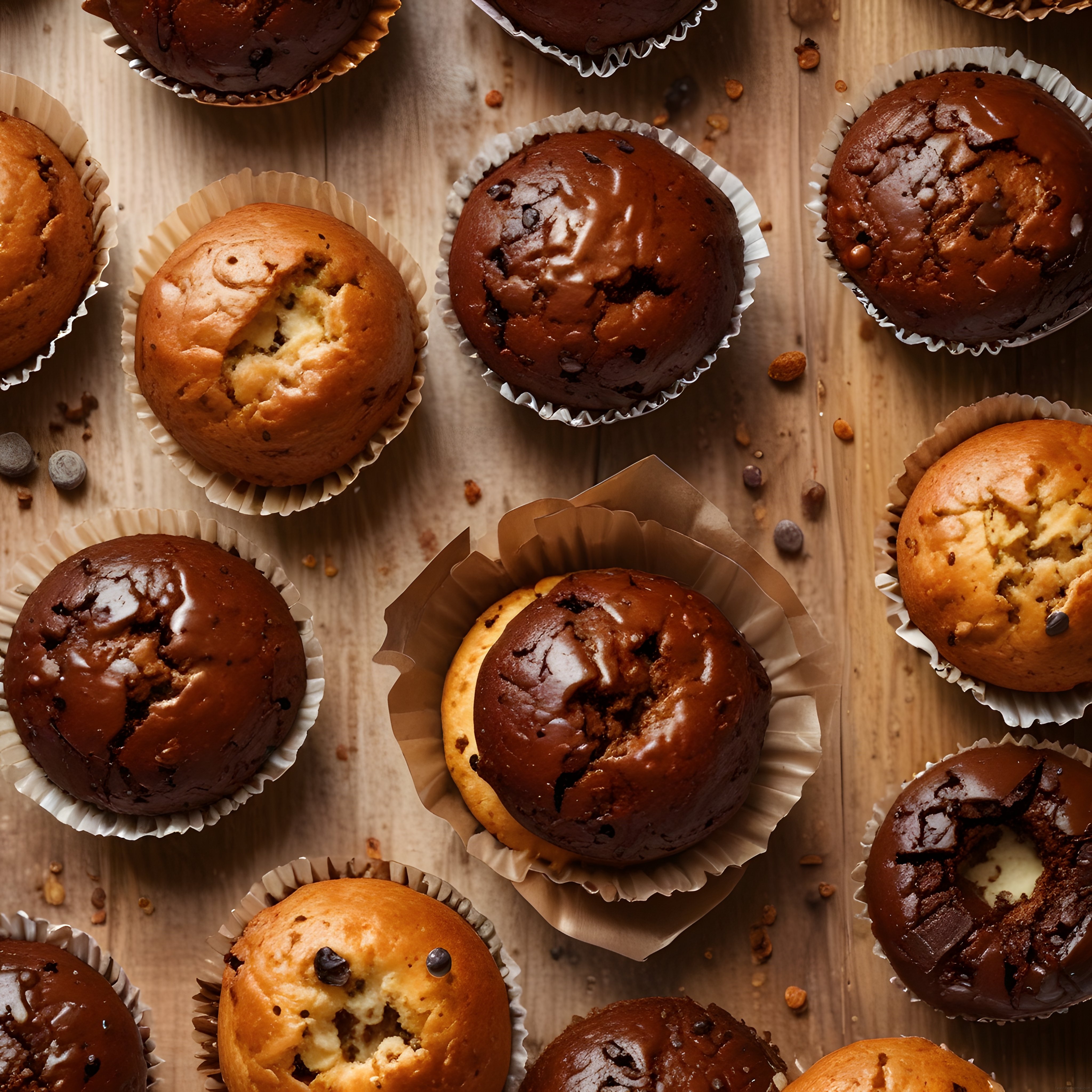 Çikolatalı ve sade muffinler, ahşap masada ev yapımı tatlı sunumu