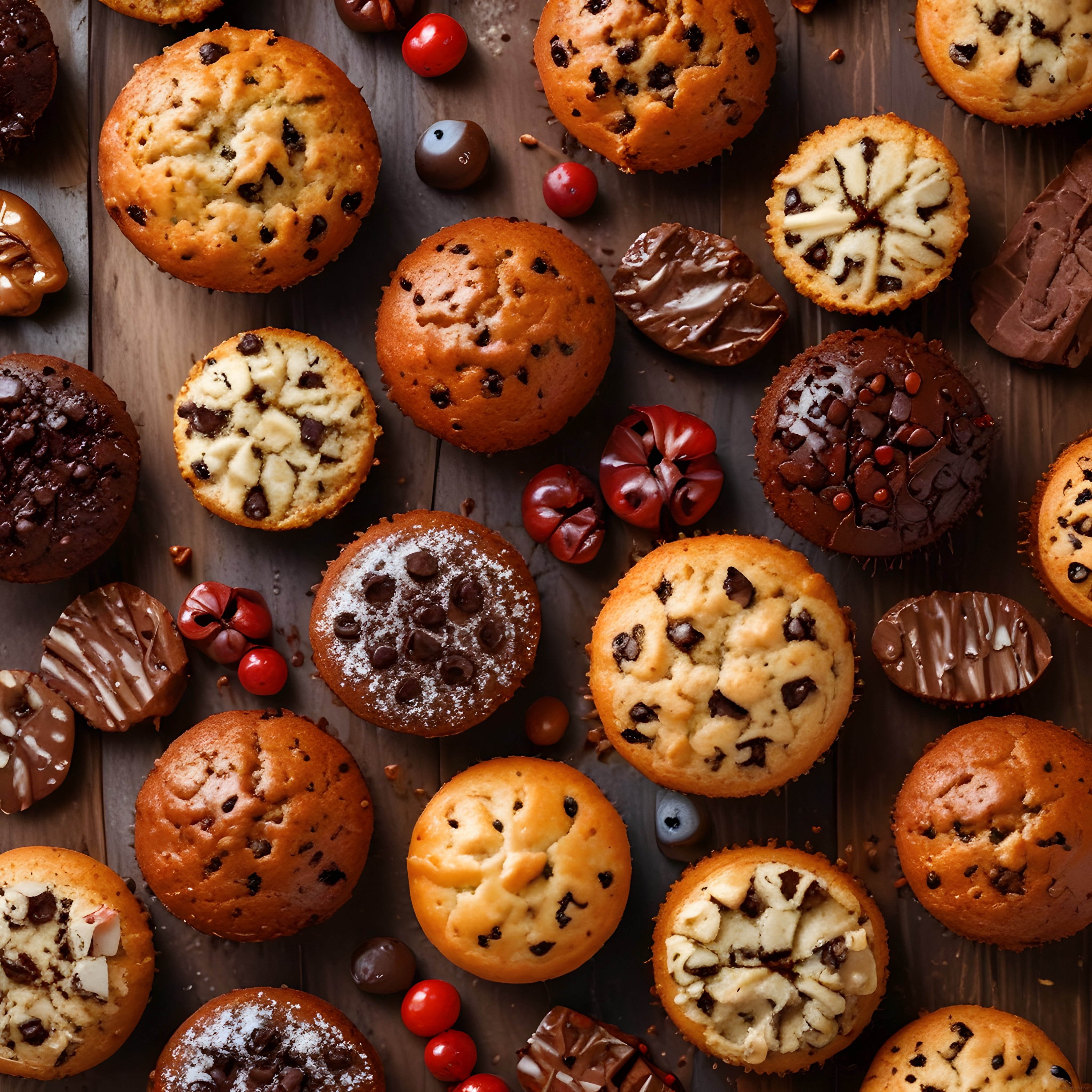 Çikolatalı ve Süslü Muffin Çeşitlerinin Ahşap Zeminde Davetkar Sunumu