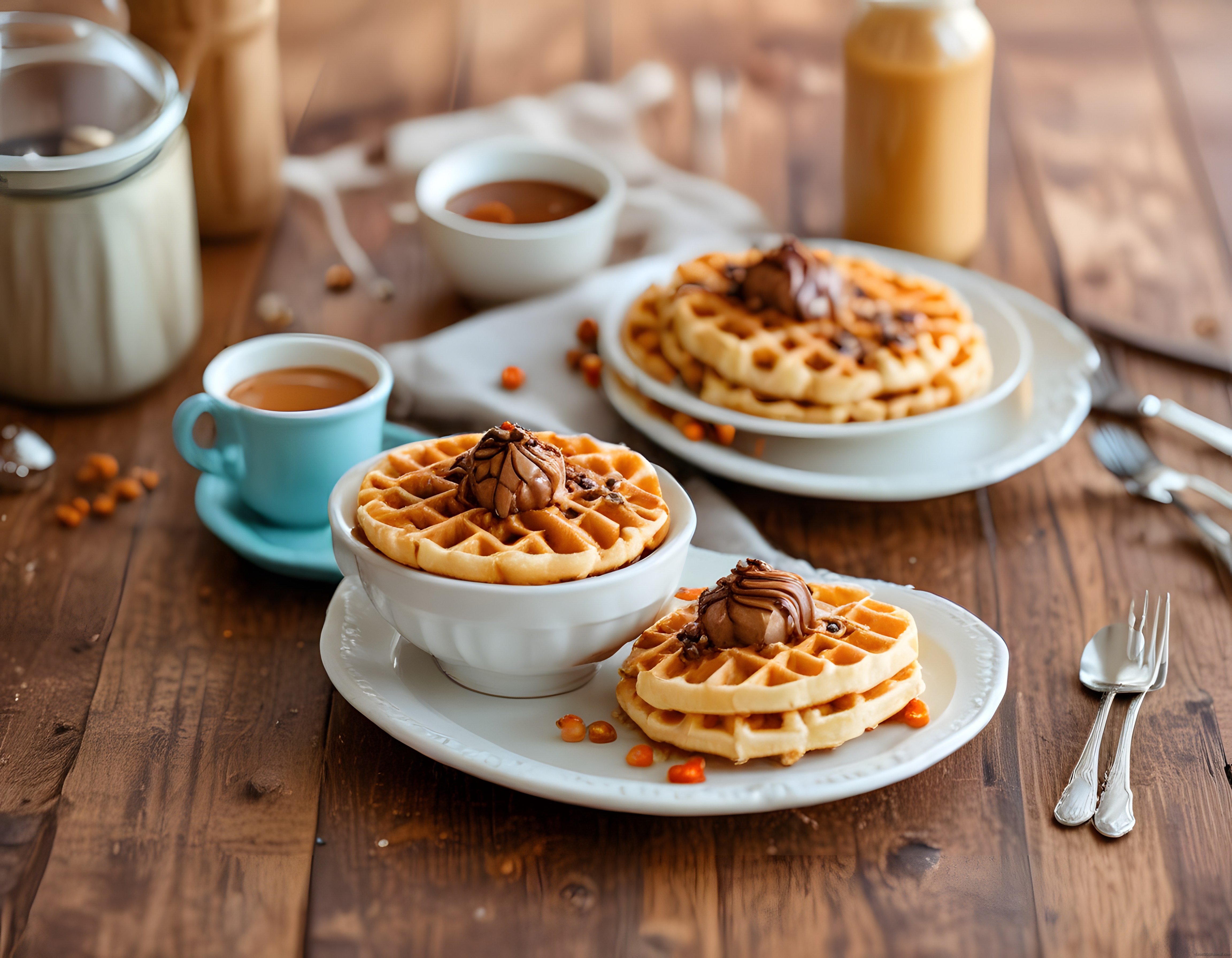 Çikolatalı Waffle ve Sıcak Kahve ile Neşeli Bir Kahvaltı Masası