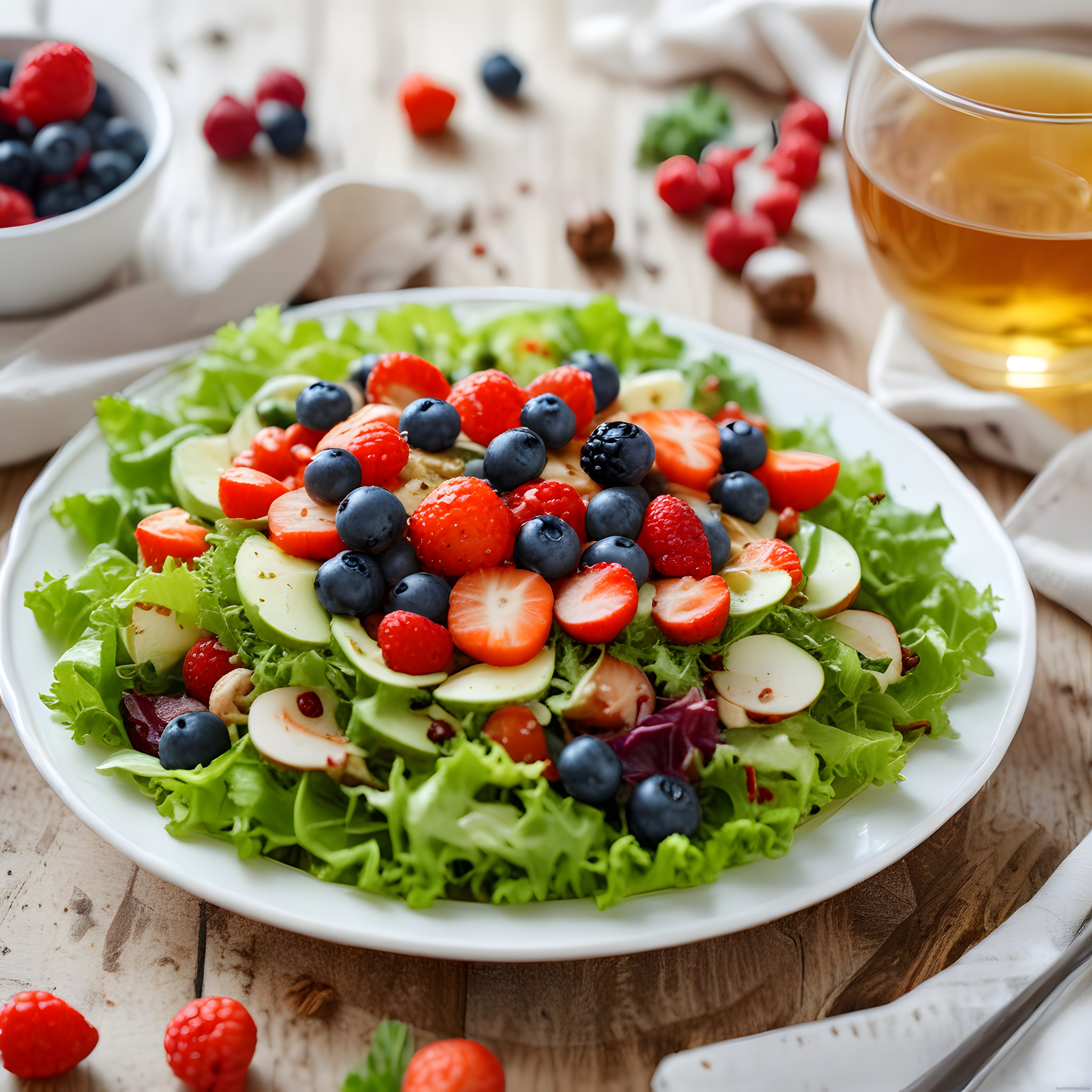 Çilek Ahududu ve Yaban Mersiniyle Süslenmiş Taze Salata Sunumu