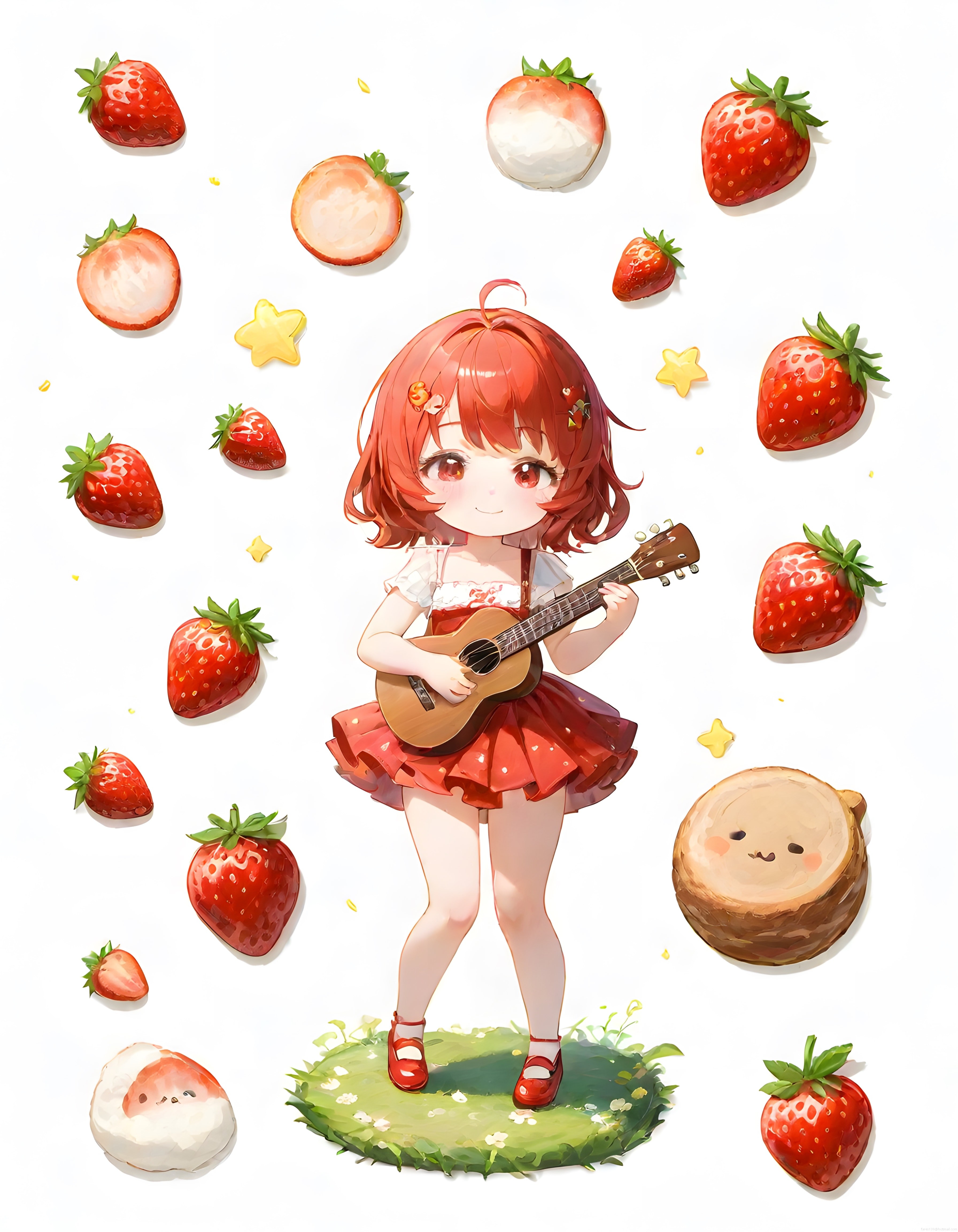 Çilek Temalı Gitar Çalan Sevimli Anime Chibi Kız Dijital Sanat Çalışması