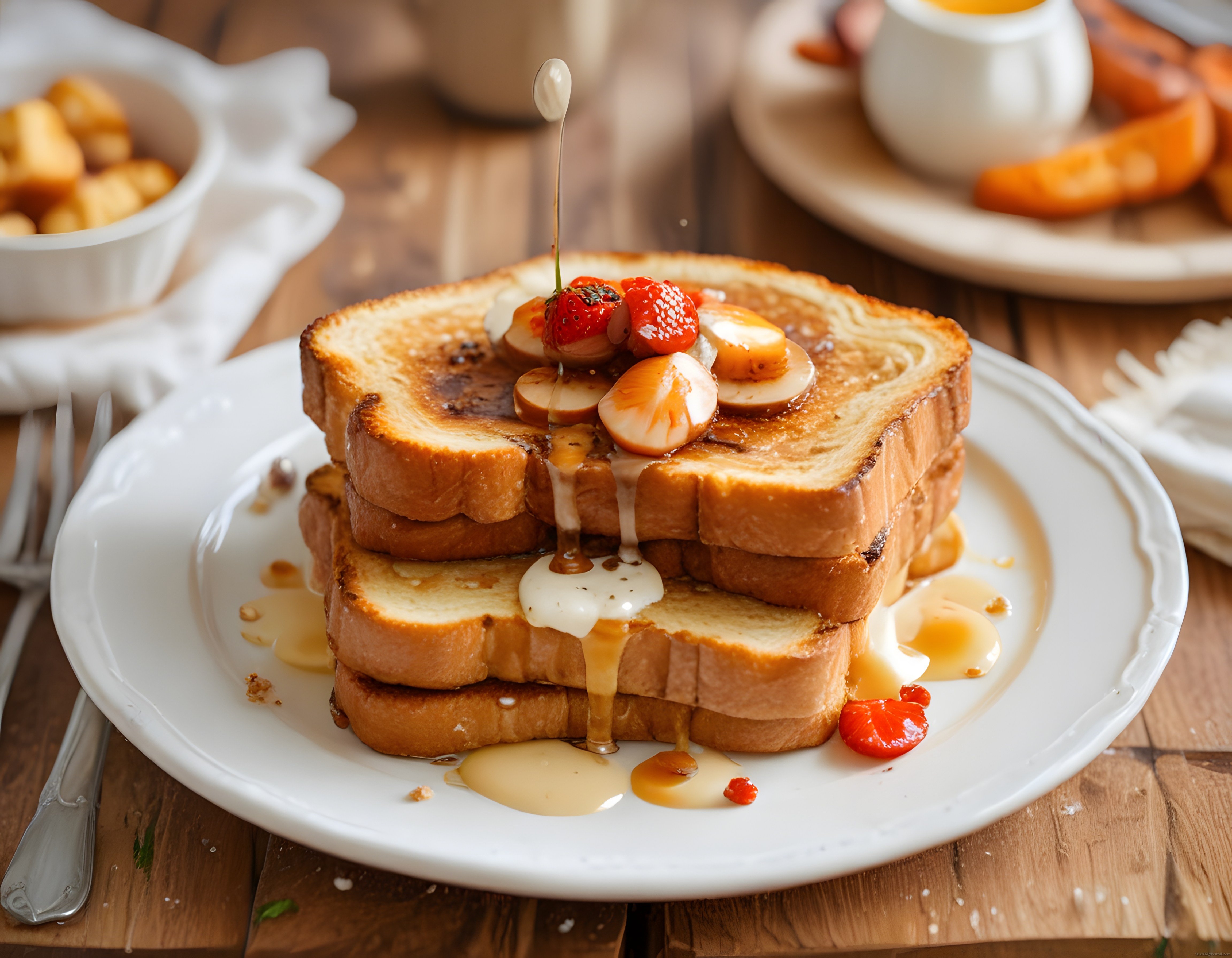 Çilek ve Muz Dilimleriyle Süslenmiş Ballı French toast Kahvaltı Tabağı