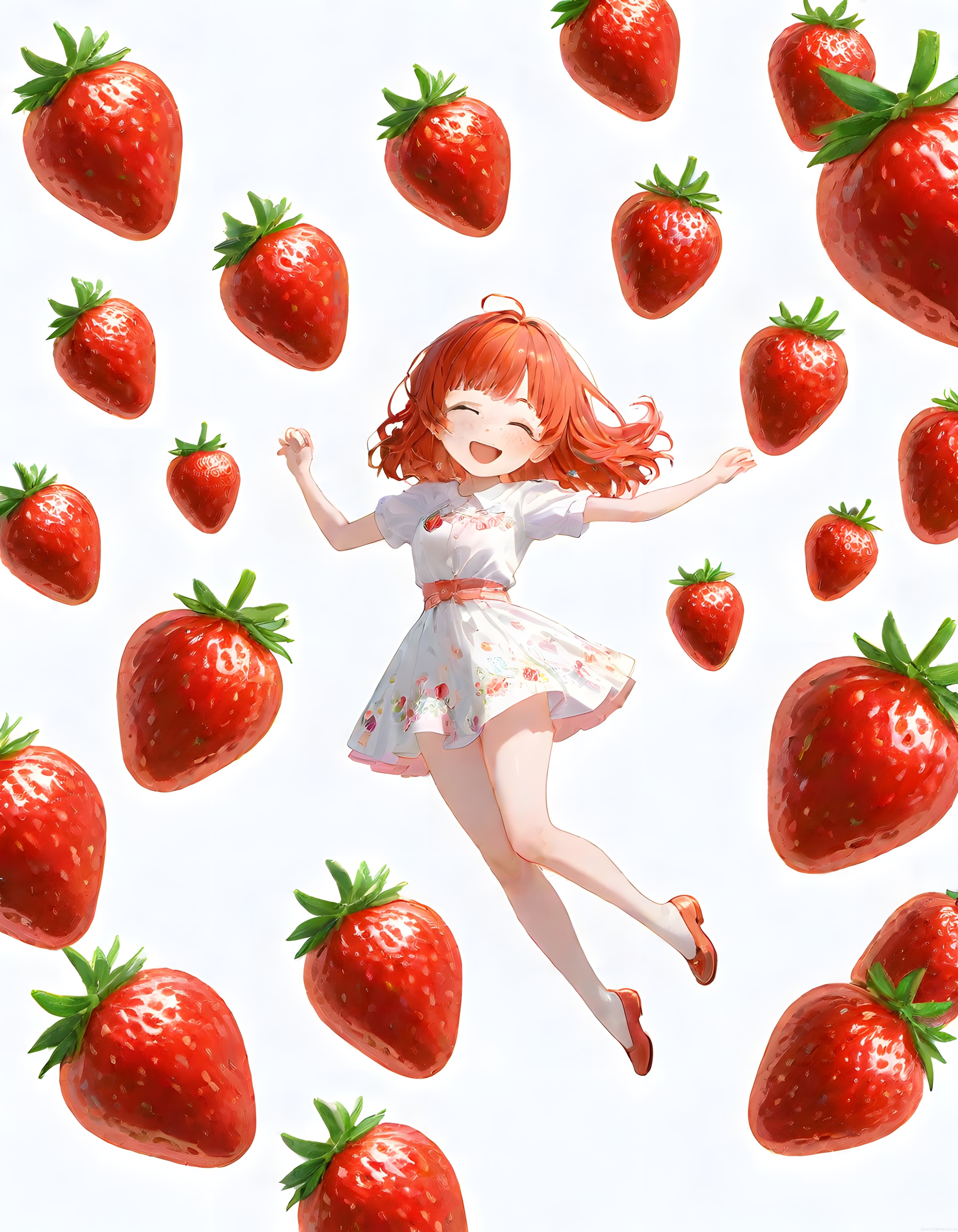 Çilekler Arasında Neşeyle Dans Eden Sevimli Anime Kızı Dijital İllüstrasyon
