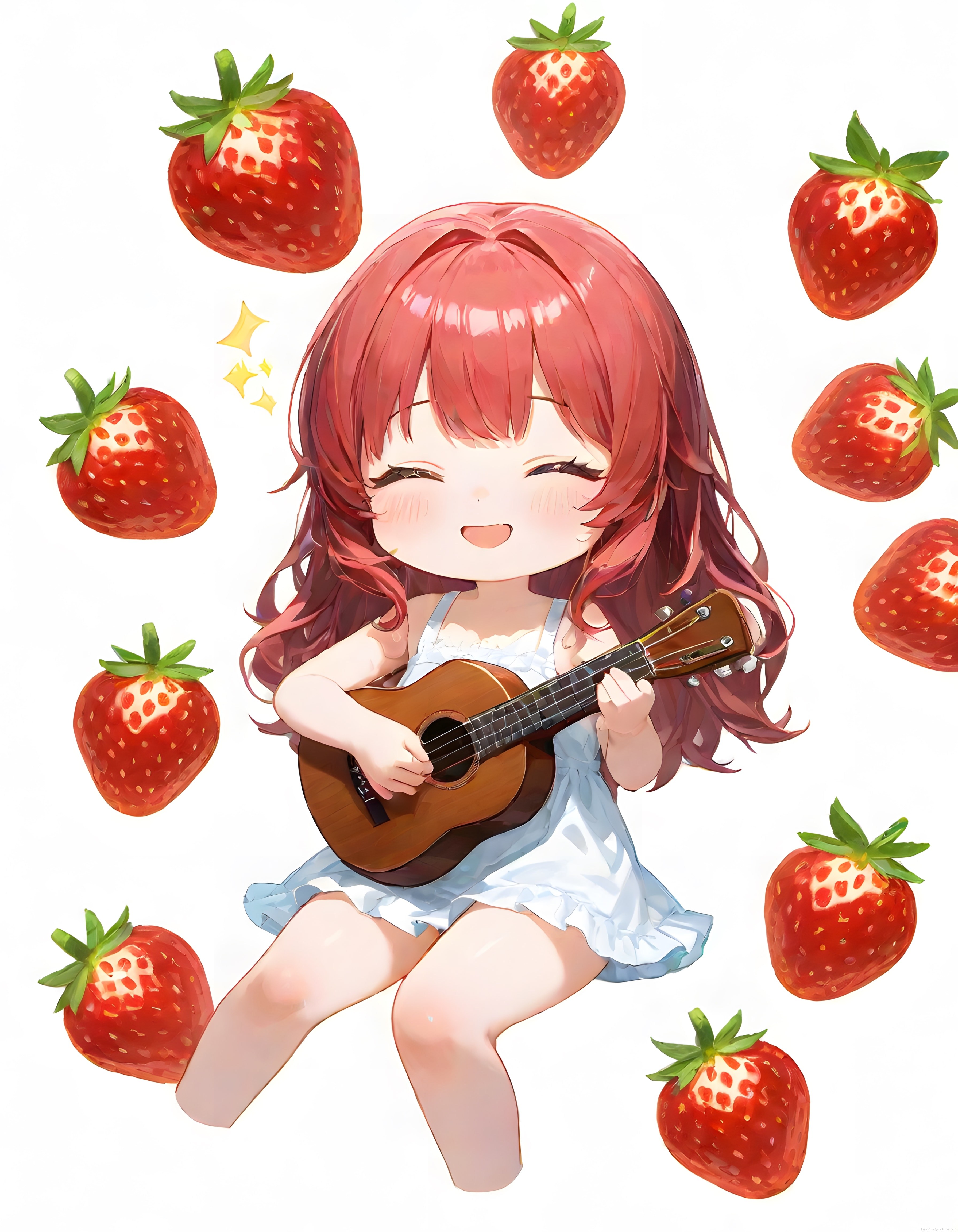 Çilekler Arasında Ukulele Çalan Neşeli Chibi Anime Kız Dijital Sanat Eseri