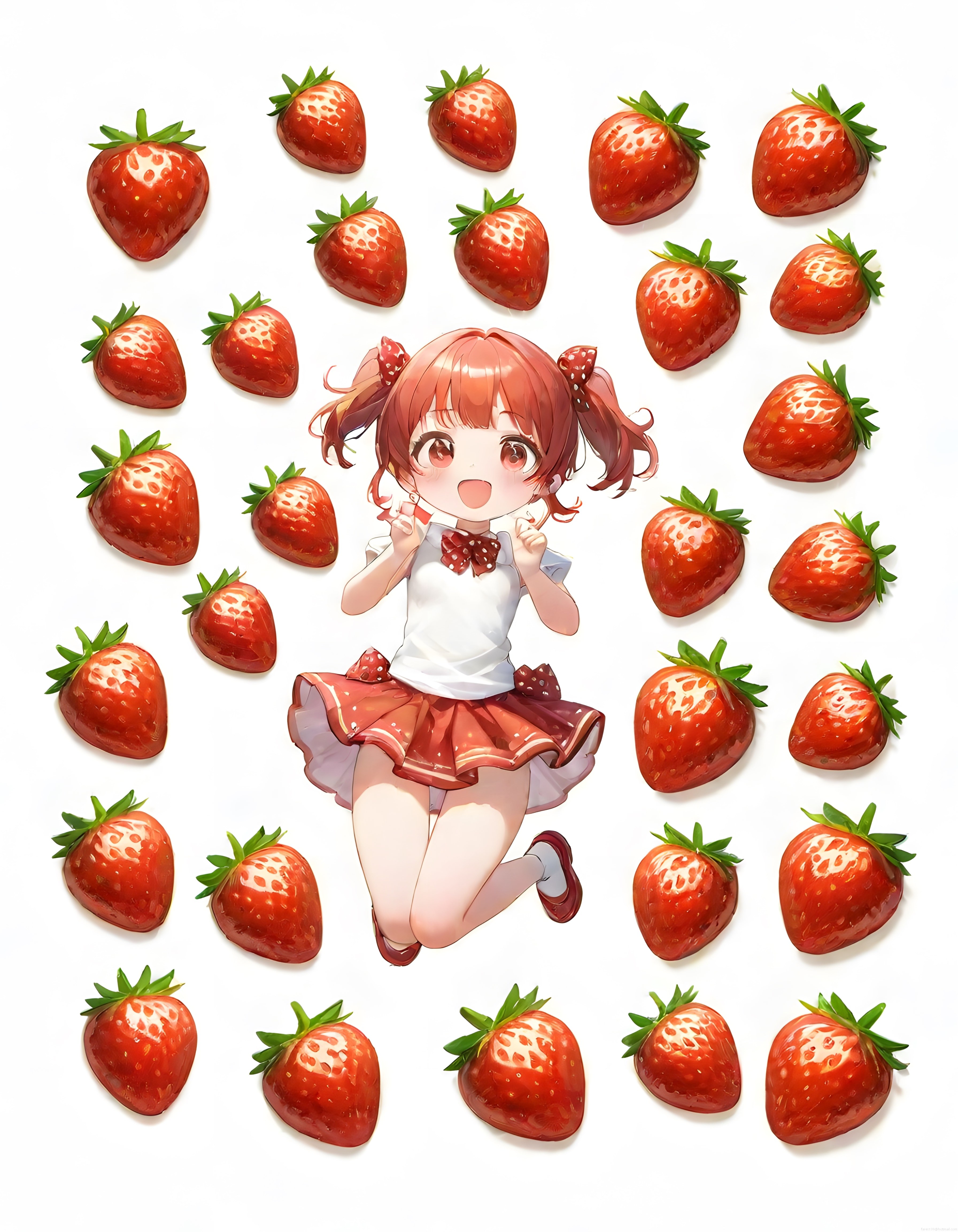 Çileklerle Çevrili Pembe Saçlı Anime Kız ve Sevimli Dijital Sanat Çalışması