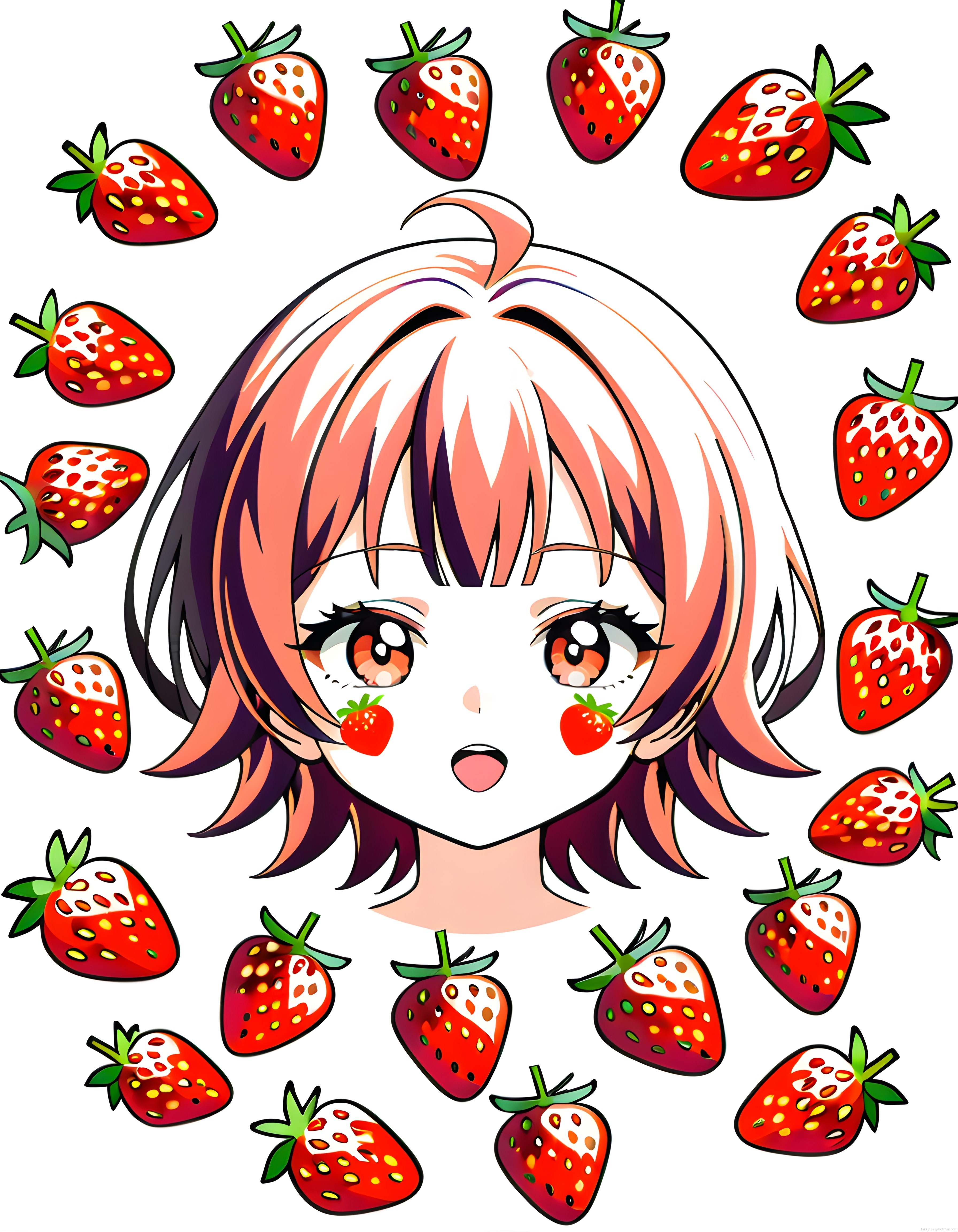 Çileklerle Çevrili Sevimli Anime Kızı: Renkli Kawaii Dijital İllüstrasyon