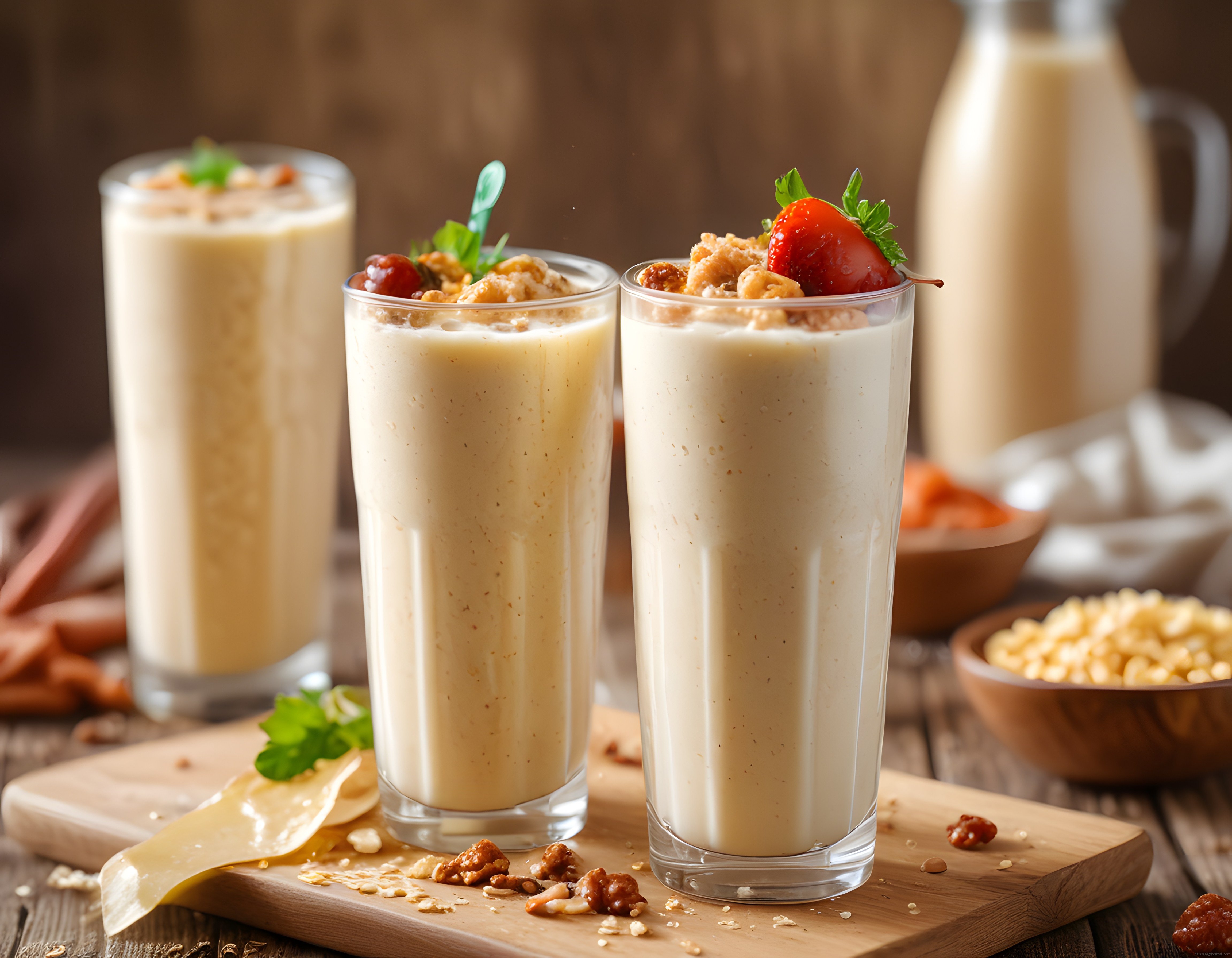 Çilekli Cevizli ve Granolalı Ev Yapımı Kahvaltı Smoothie Sunumu