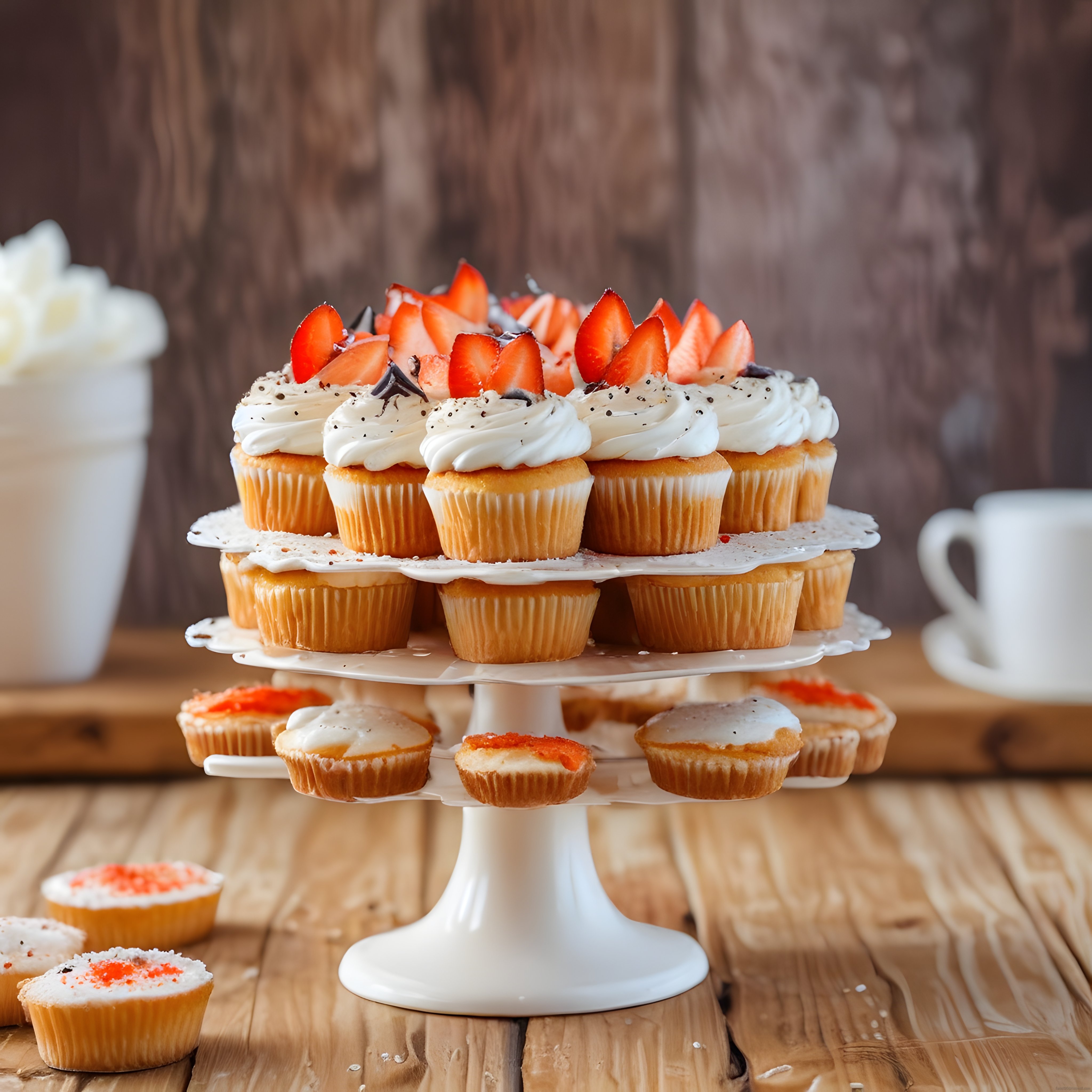 Çilekli cupcake'lerin sunulduğu rustik ahşap masa üzerindeki katlı tatlı standı ve kahve fincanı