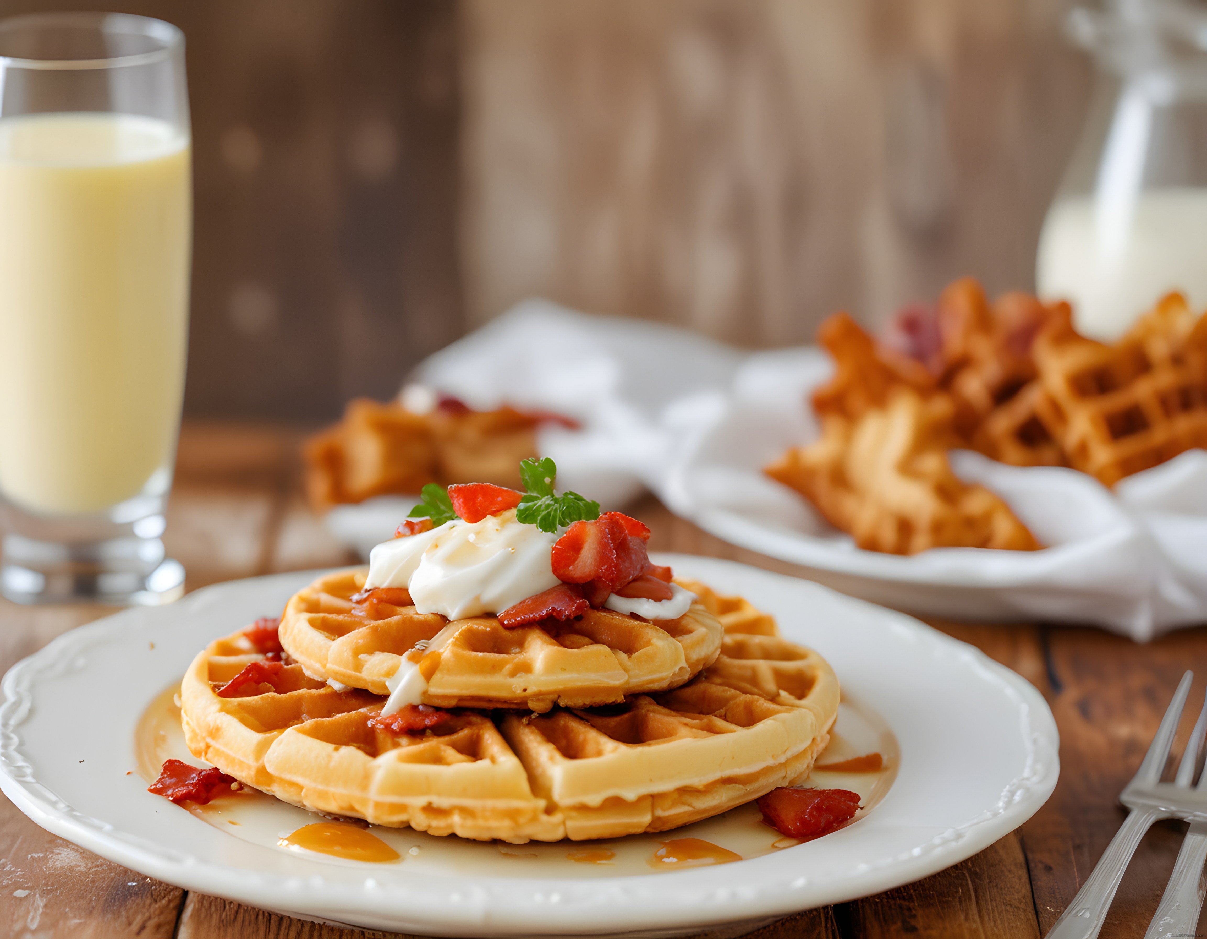 Çilekli ve kremalı çıtır waffle ile ev yapımı kahvaltı keyfi