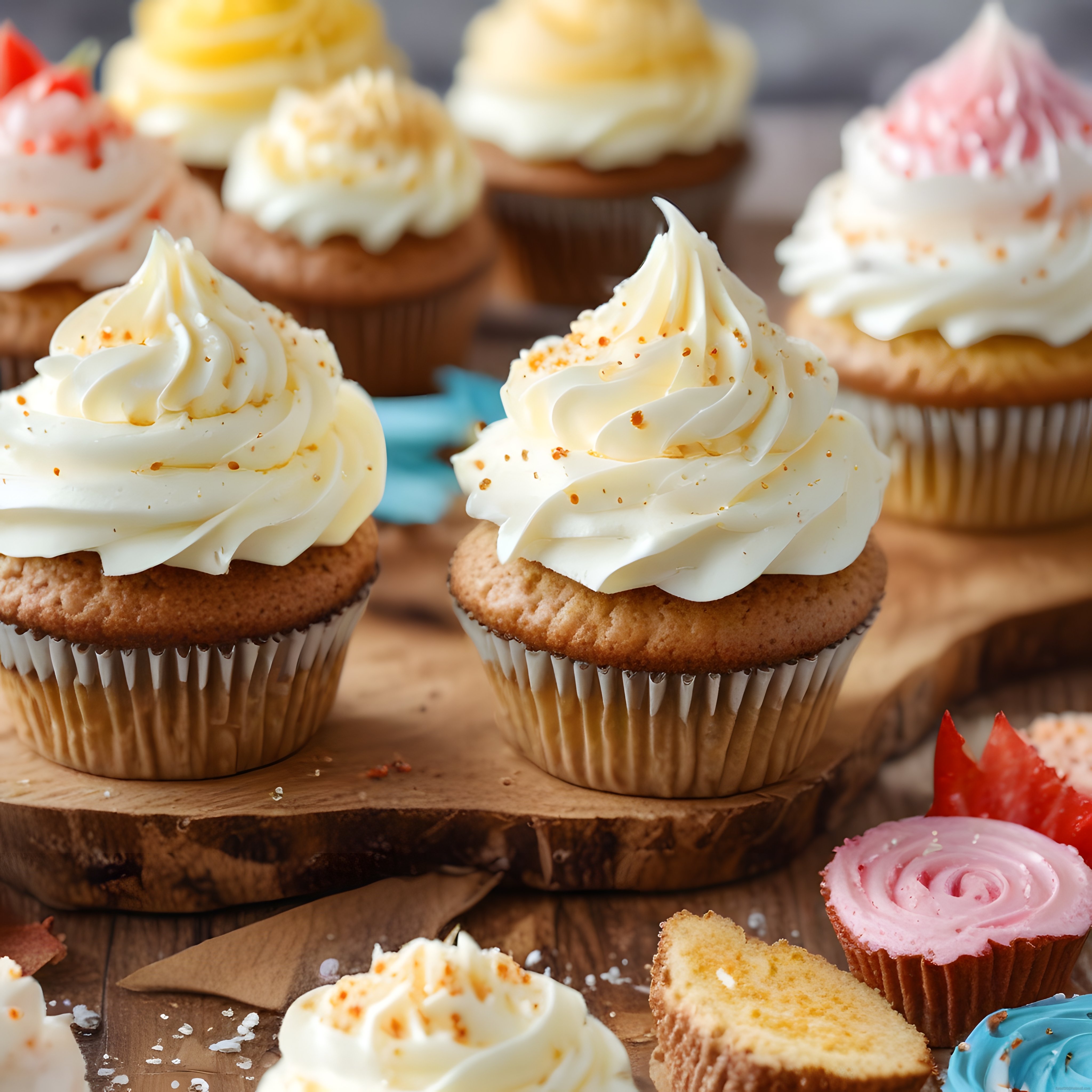 Çilekli ve Renkli Krema Kaplamalı Cupcake'ler Ahşap Sunum Tahtasında