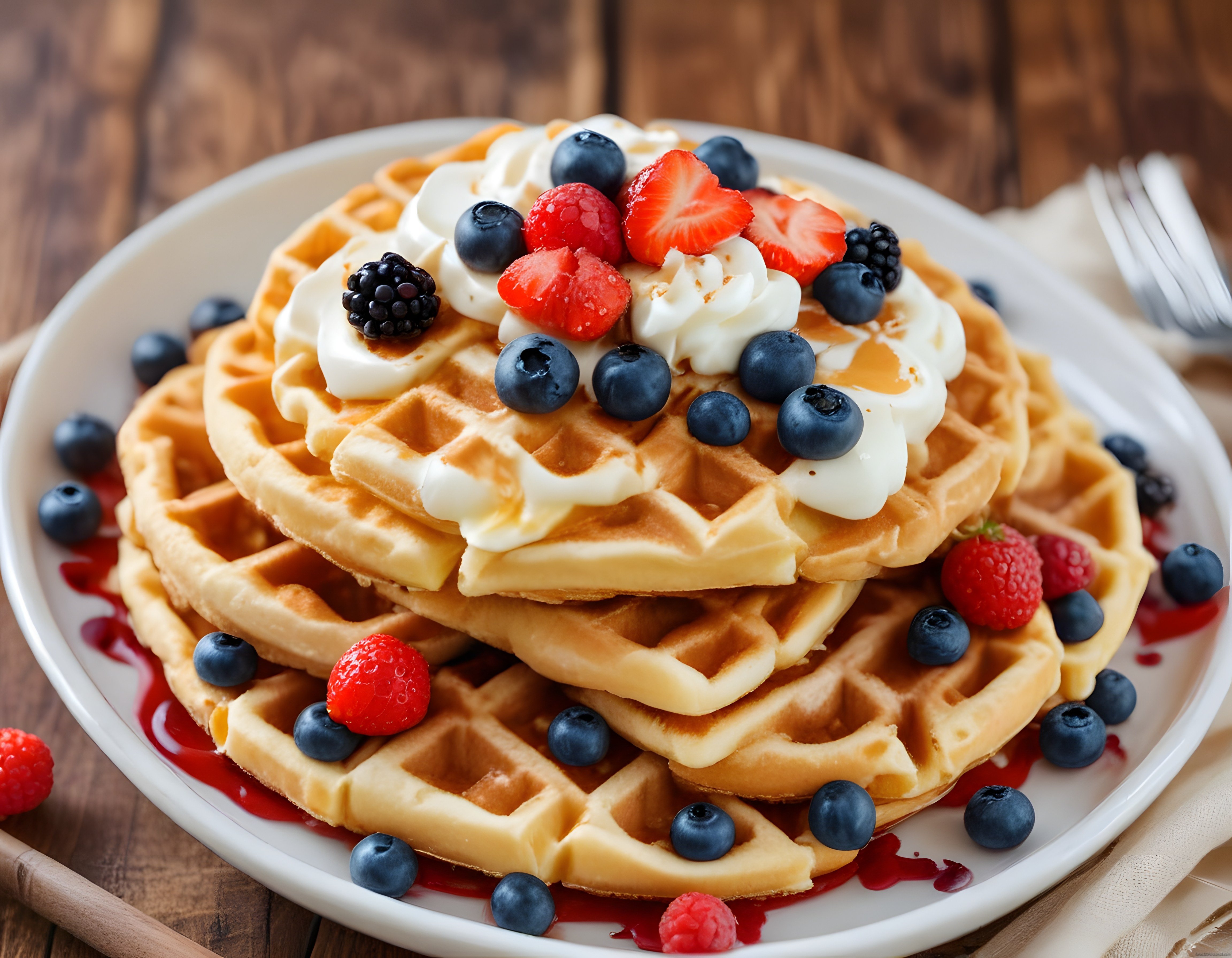 Çilekli Yaban Mersinli ve Kremalı Kat Kat Waffle Kahvaltı Sunumu