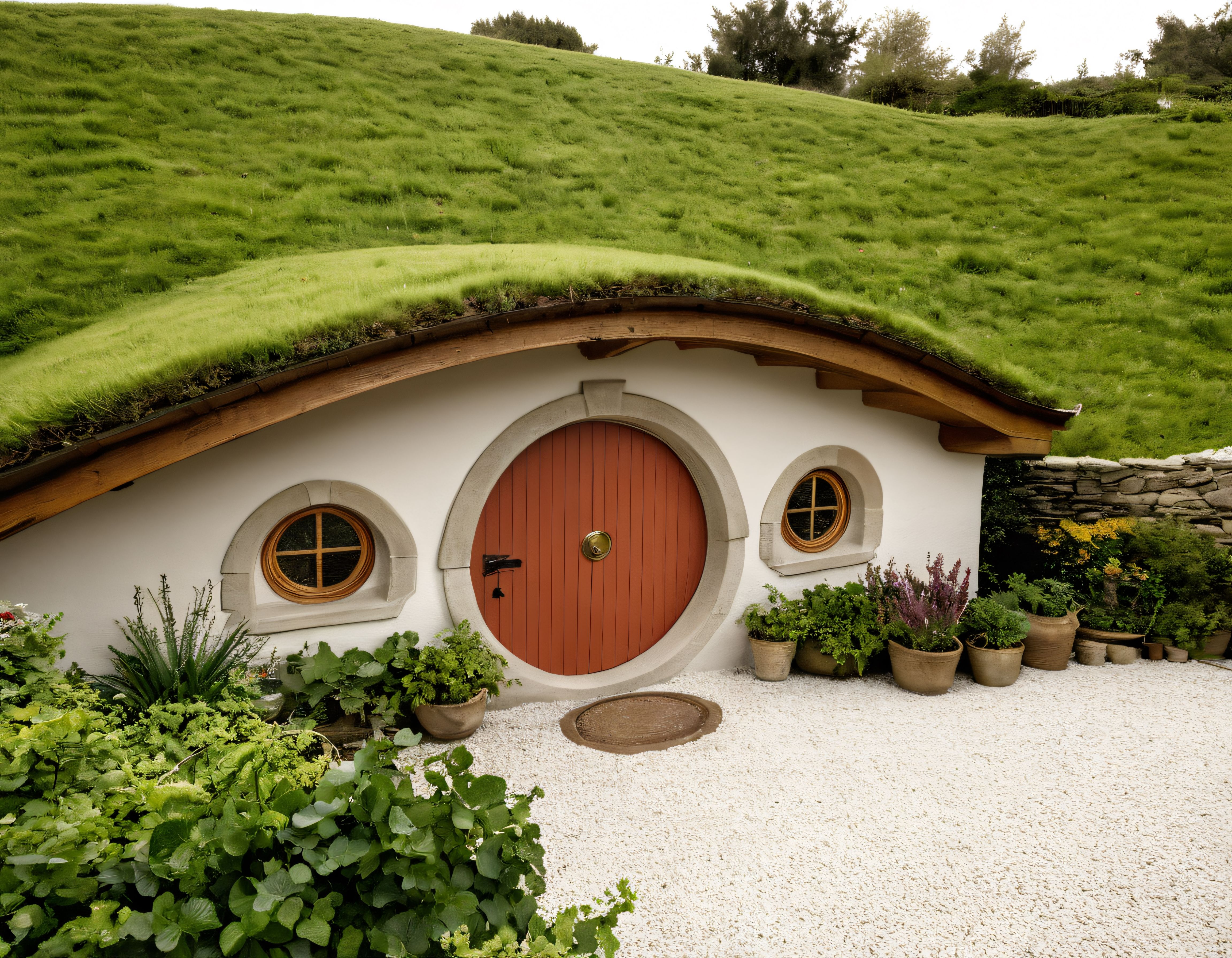 Çim çatılı hobbit evi tarzı yuvarlak kapılı ve pencereli doğayla iç içe kulübe