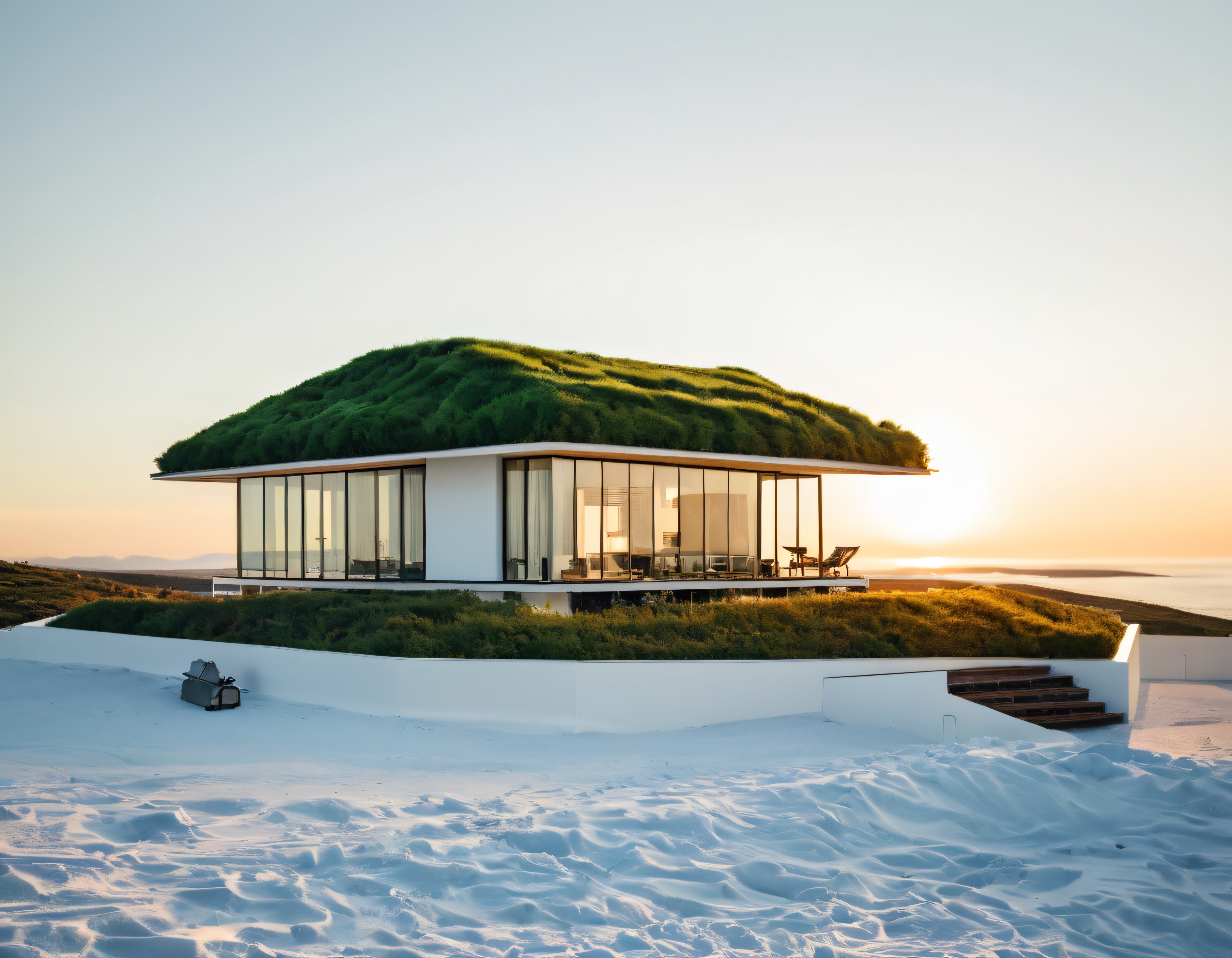 Çim Çatılı Modern Ev: Gün Batımında Sürdürülebilir Cam Villa ve Kar Manzarası