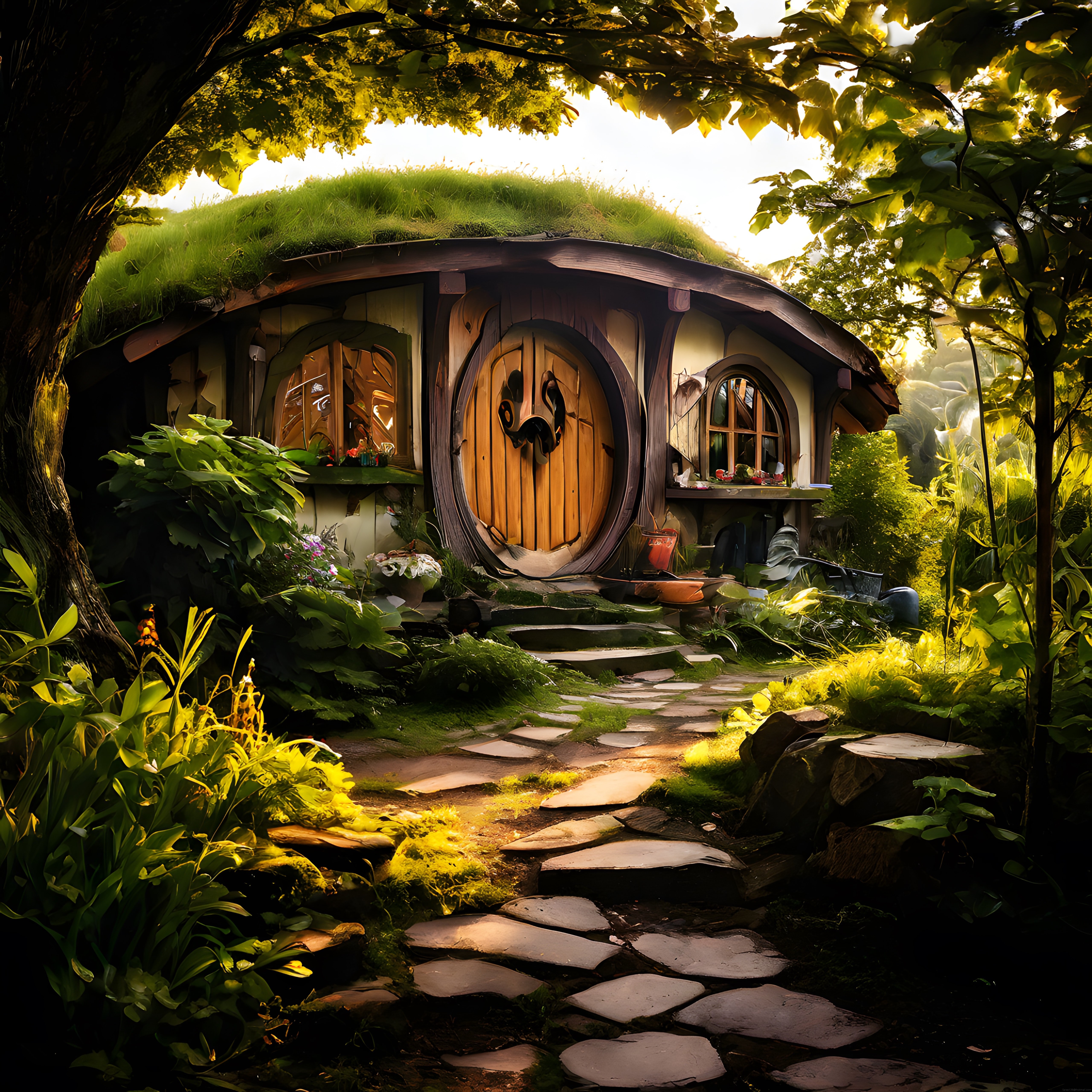 Çimen çatılı hobbit evi, ışık süzülen yemyeşil ormanda taş patika