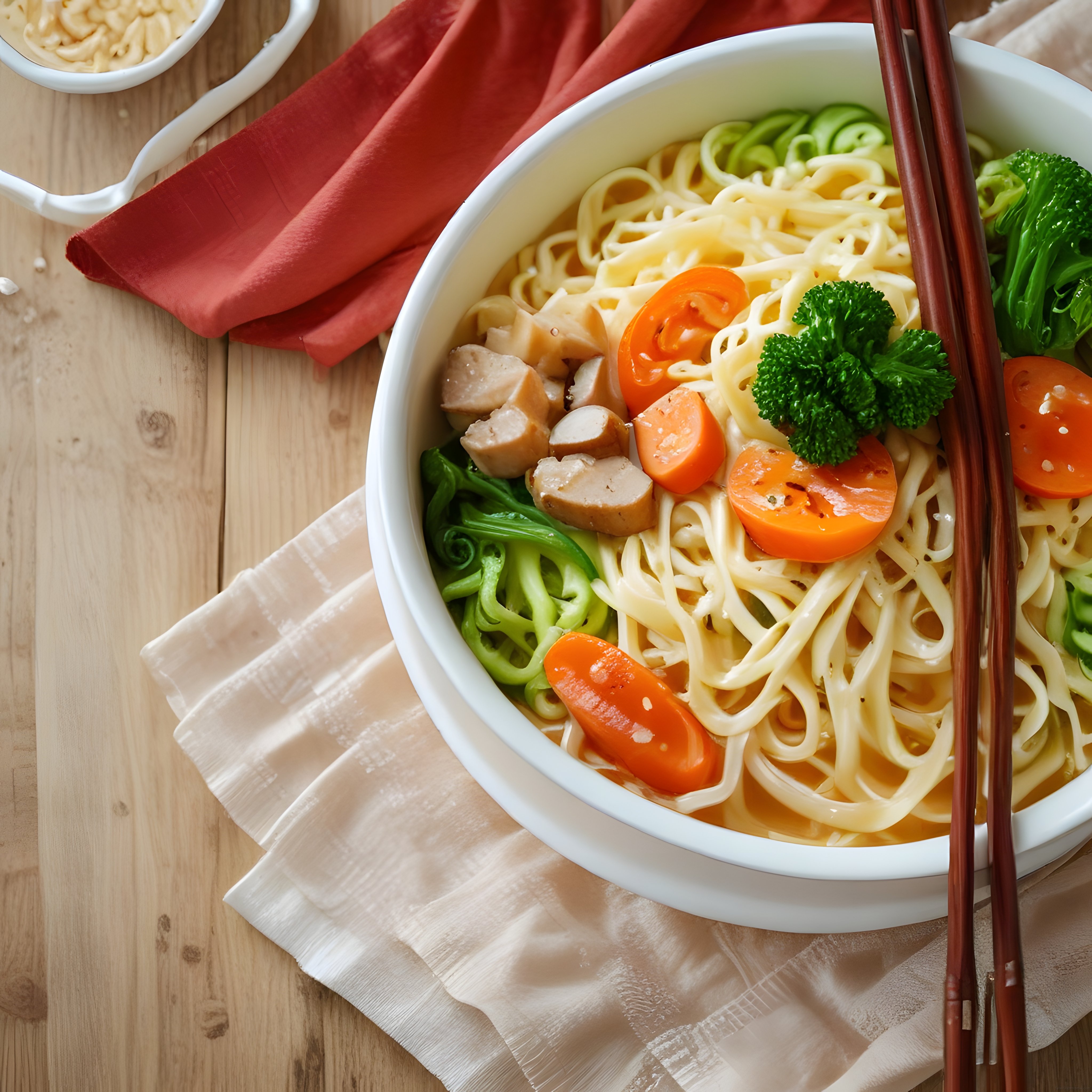 Çin Çubukları Eşliğinde Sosisli Sebzeli Sıcak Noodle Çorbası Kasesi