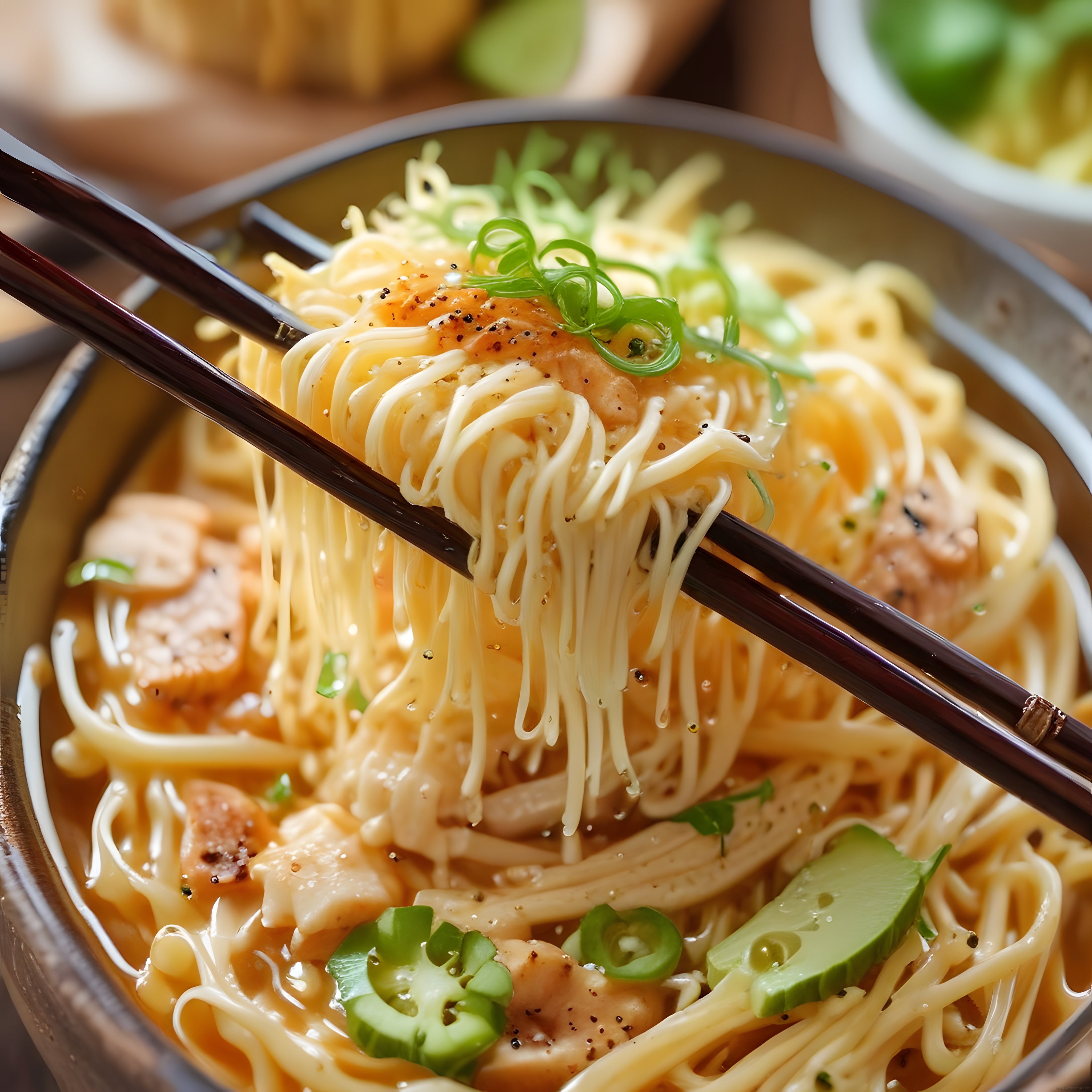 Çin Çubuklarıyla Kaldırılan Kremalı Tavuklu Noodle ve Sebze Kasesi