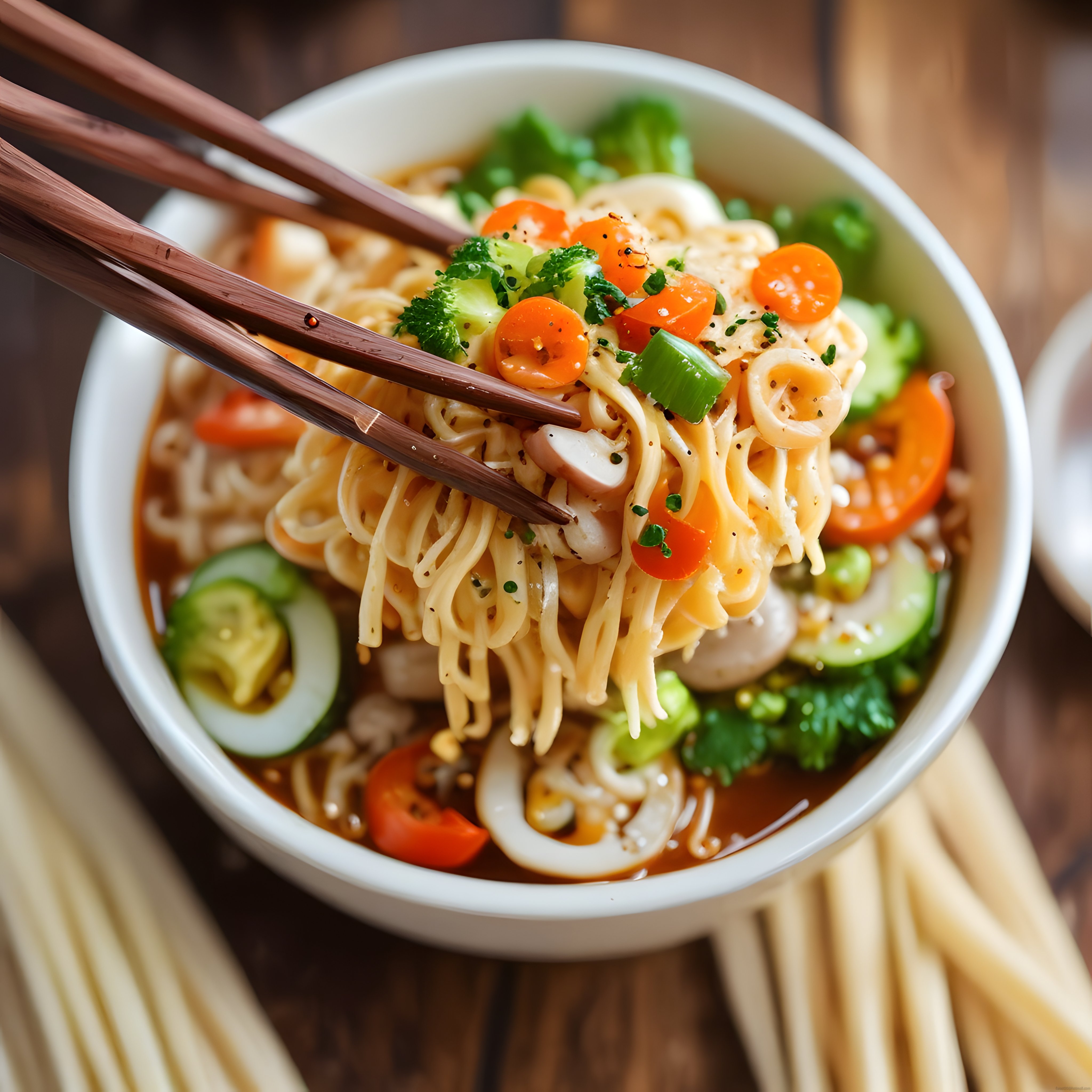 Çin Çubuklarıyla Tutulan Sıcak Ramen: Sebzeli Baharatlı Noodle Çorbası