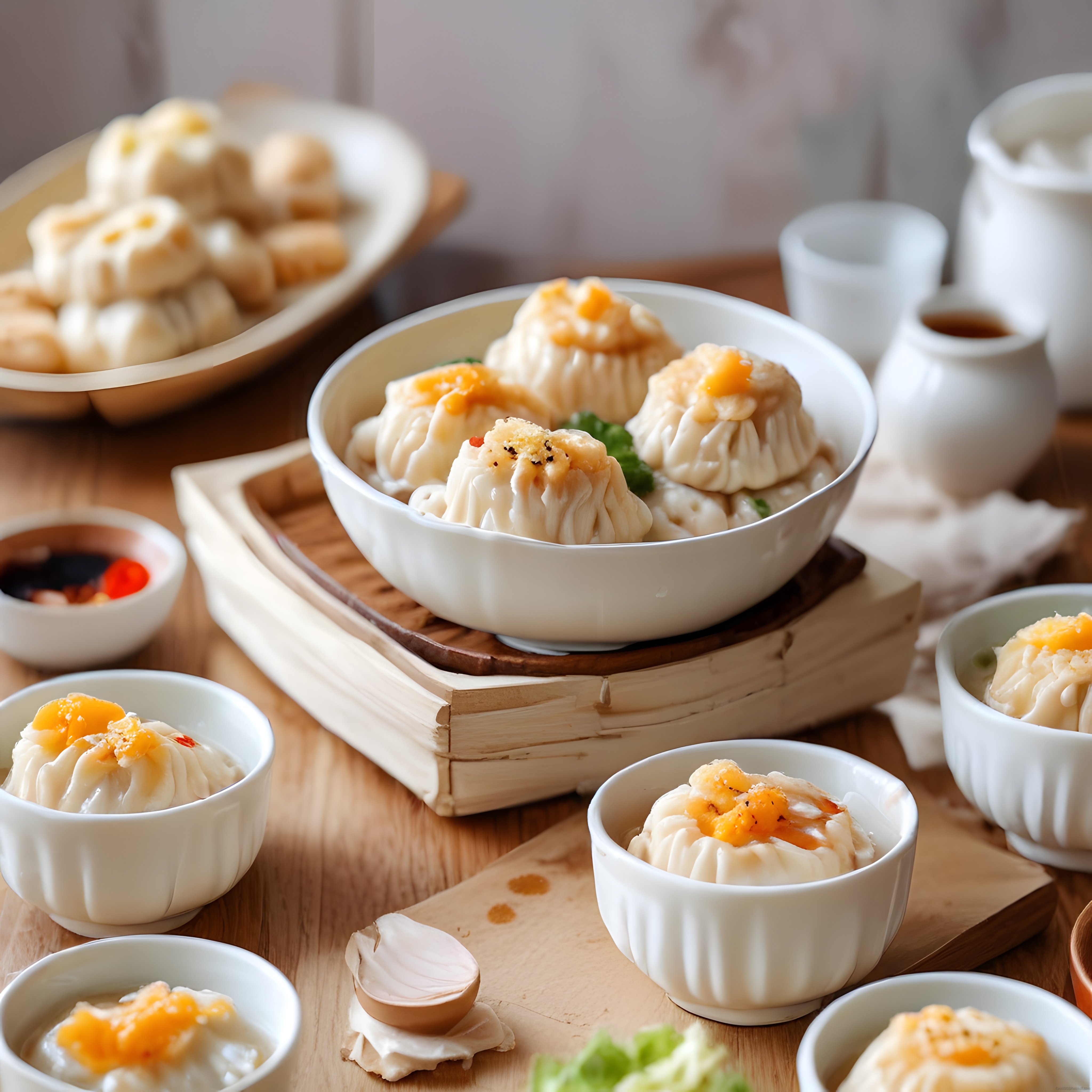 Çin Mantısı Dim Sum Keyfi: Buharda Pişmiş Shumai ve Soslarla Sunum