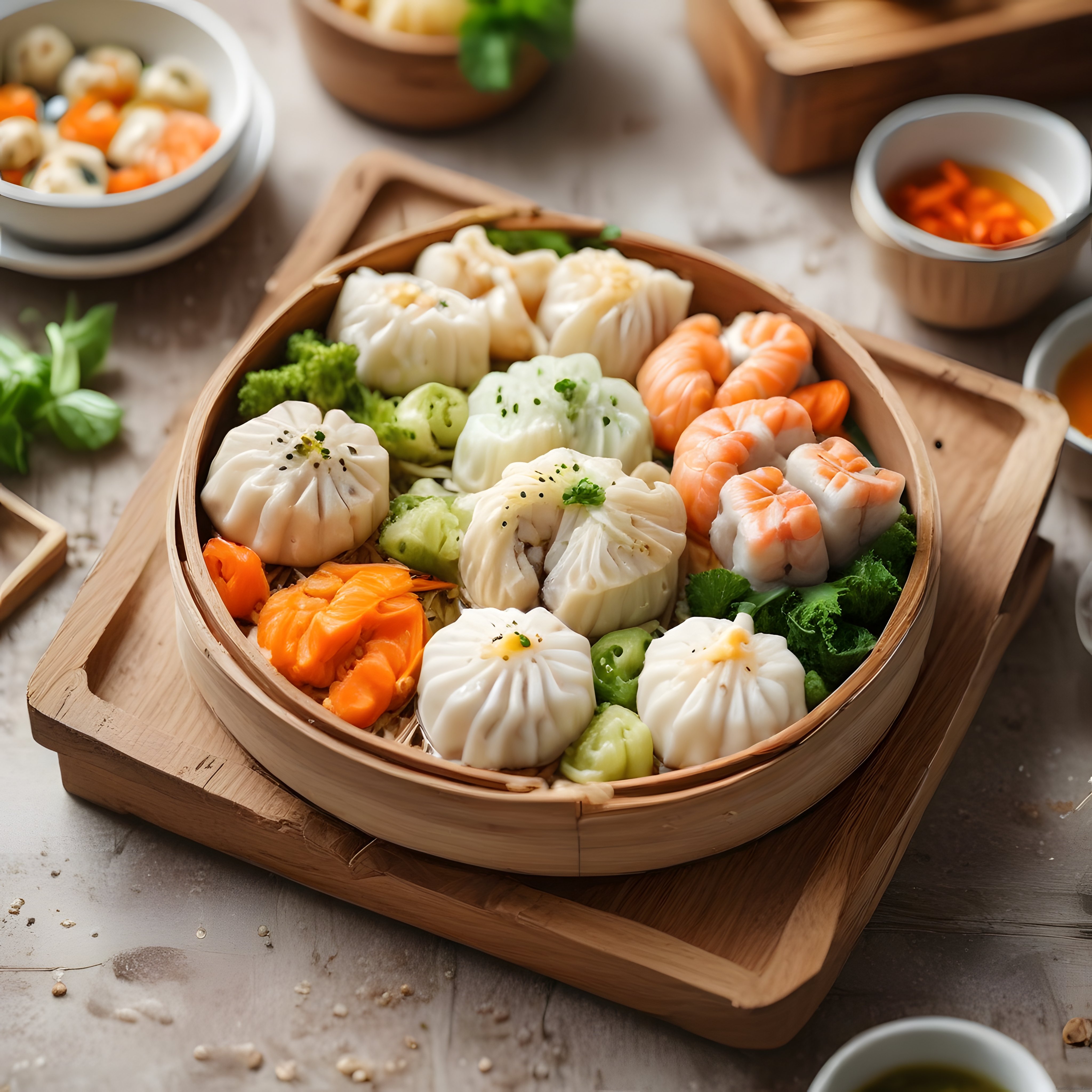 çin mutfağından bambu buharda pişirilmiş dim sum çeşitleri sunumu