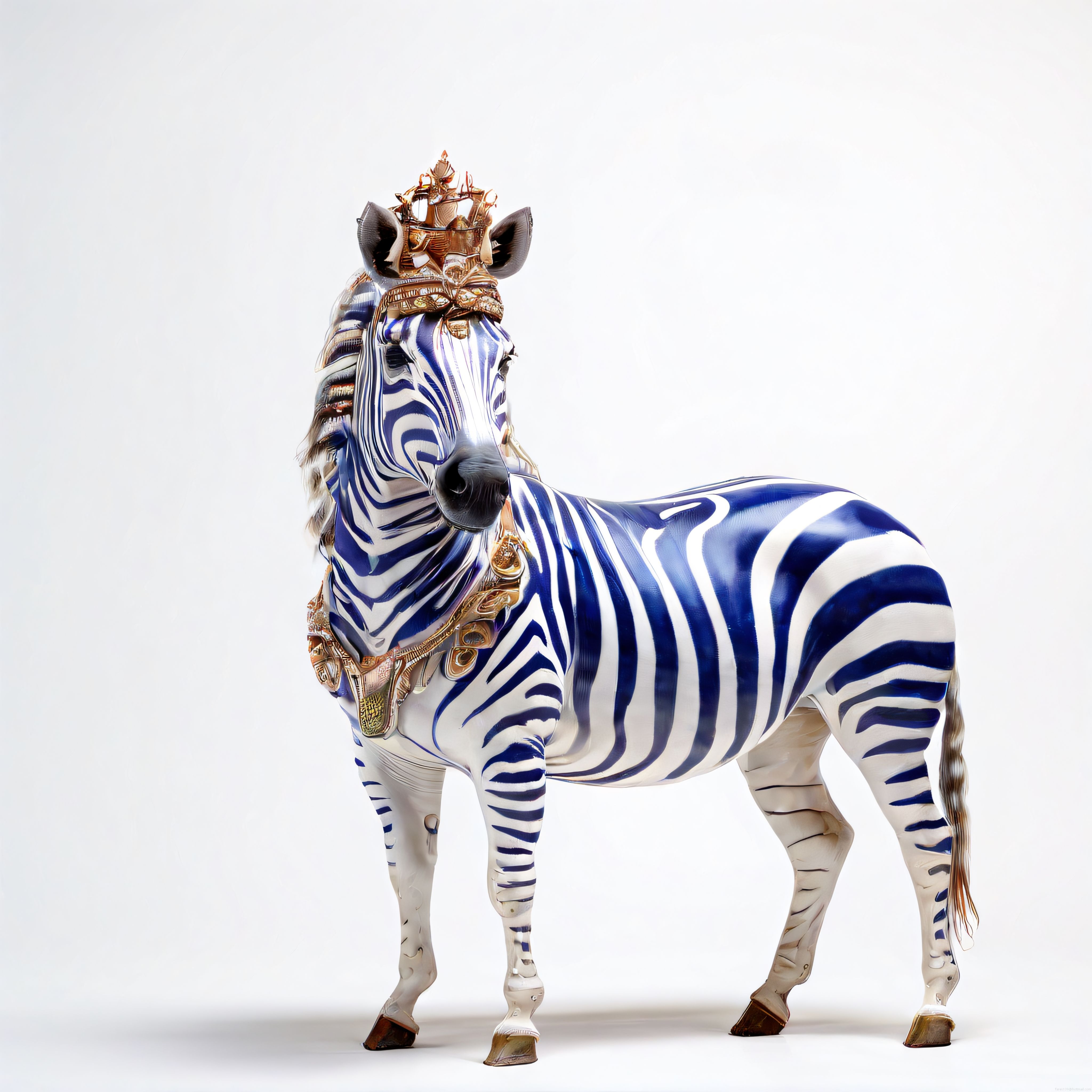 Çin Porseleni Tarzında Mavi Beyaz Desenli ve Taçlı Zebra Heykeli