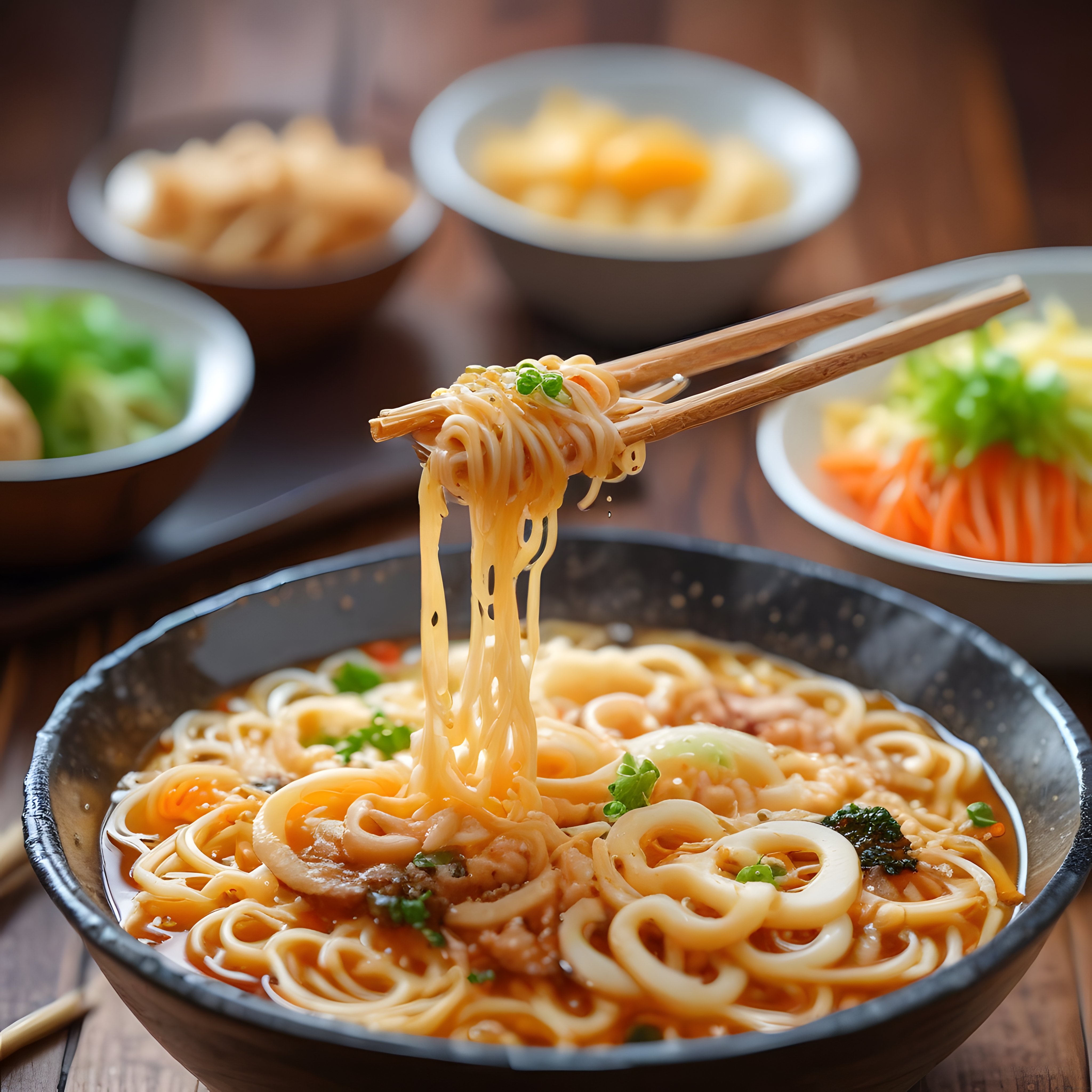 Çin Yemek Çubuklarıyla Tutulan Sıcak Deniz Ürünlü Noodle Kasesi