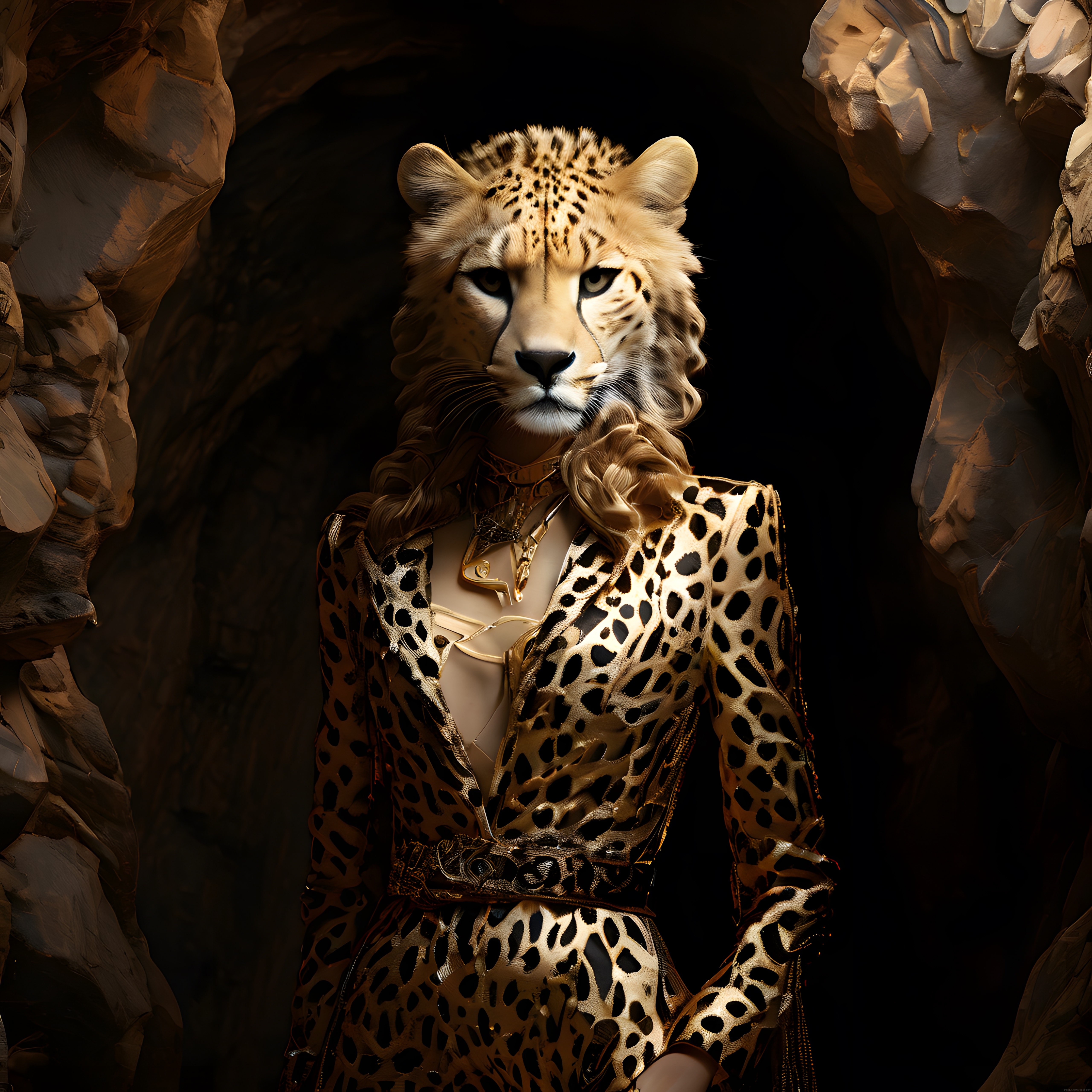 Çita başlı kadın figürü ve altın leopar desenli elbiseyle sürreal dijital portre
