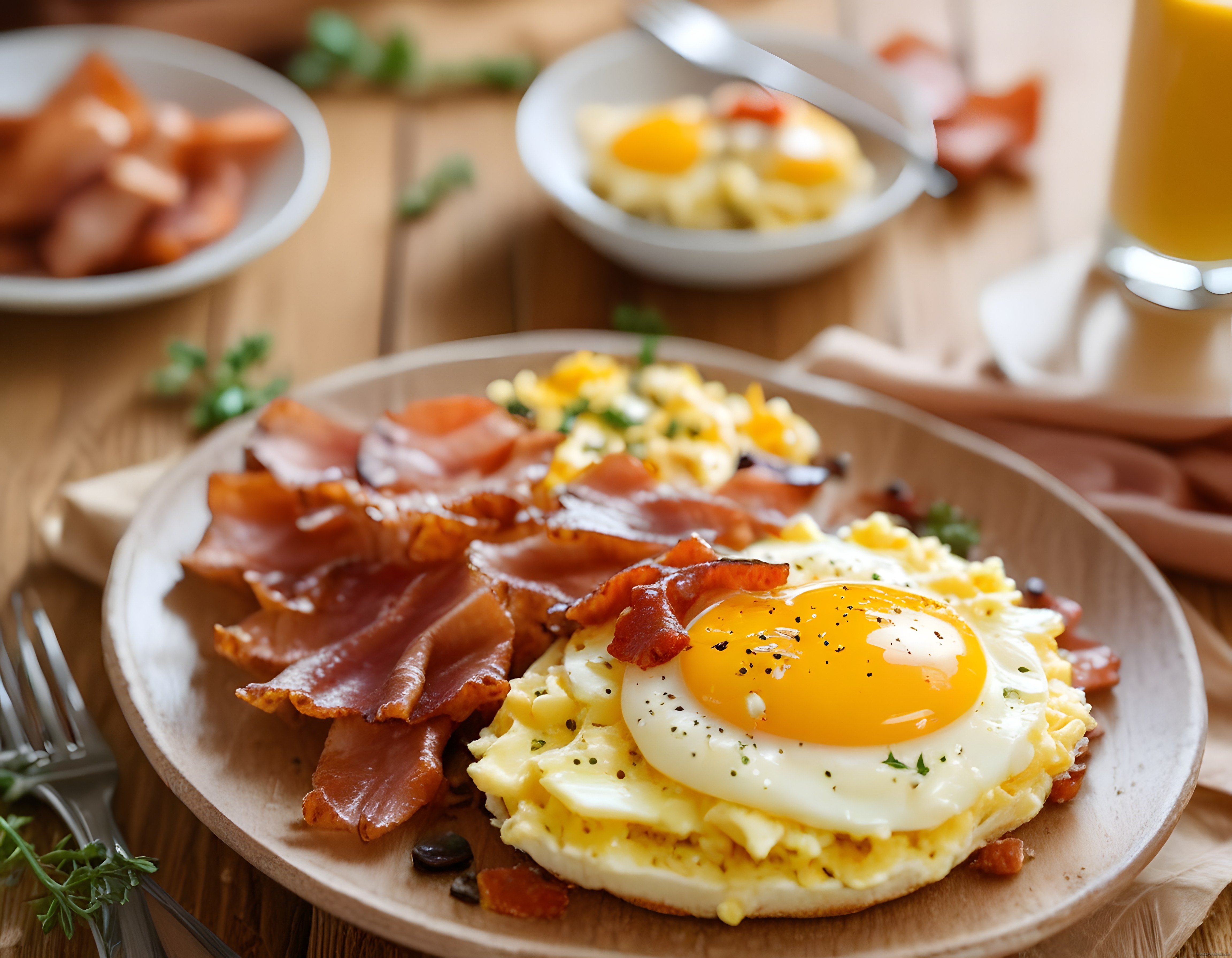 Çıtır bacon ve güneş gibi pişmiş yumurtalı kahvaltı tabağı ile enerjik bir başlangıç