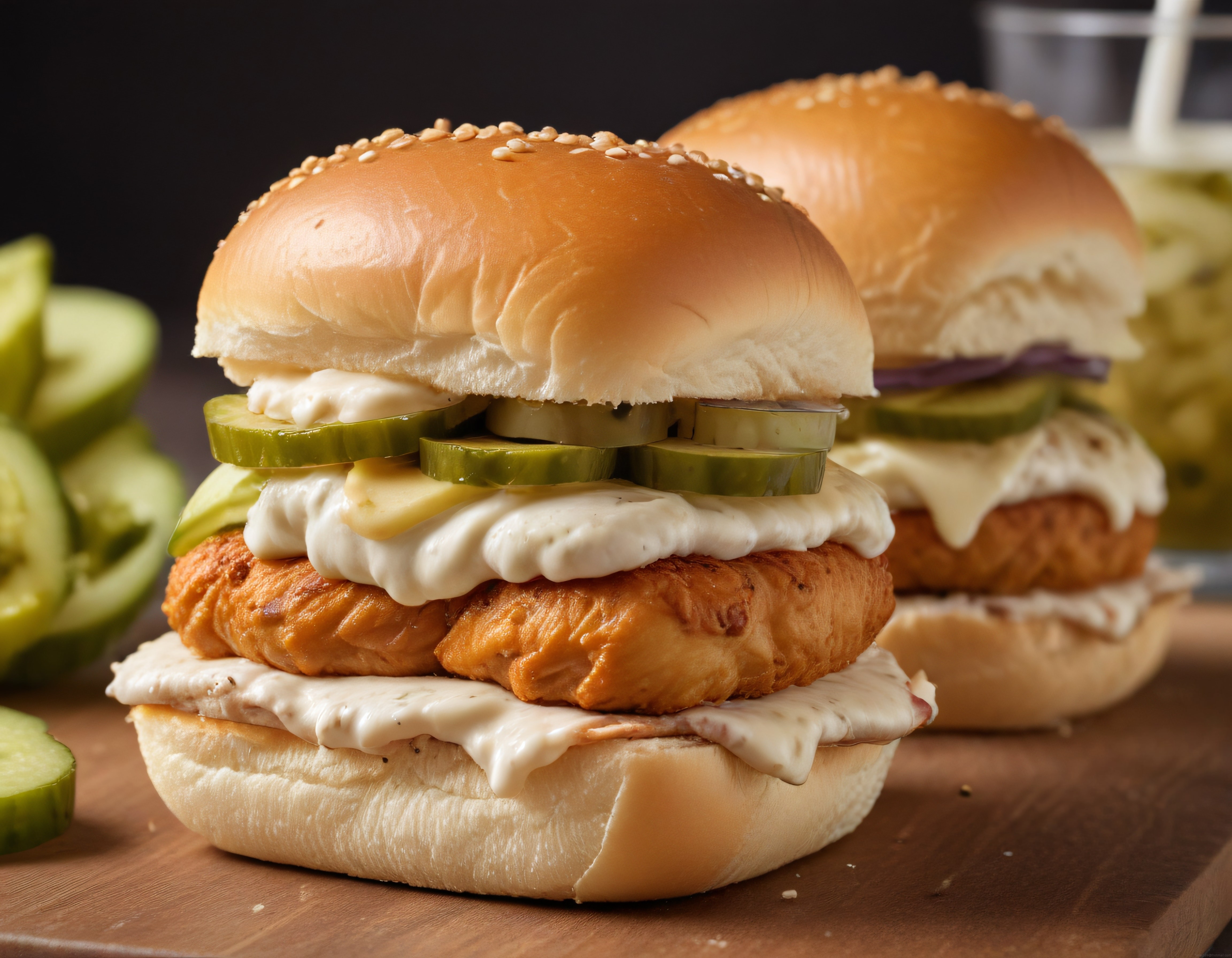 çıtır balık burger, taze salatalık ve özel soslarla gurme sunum