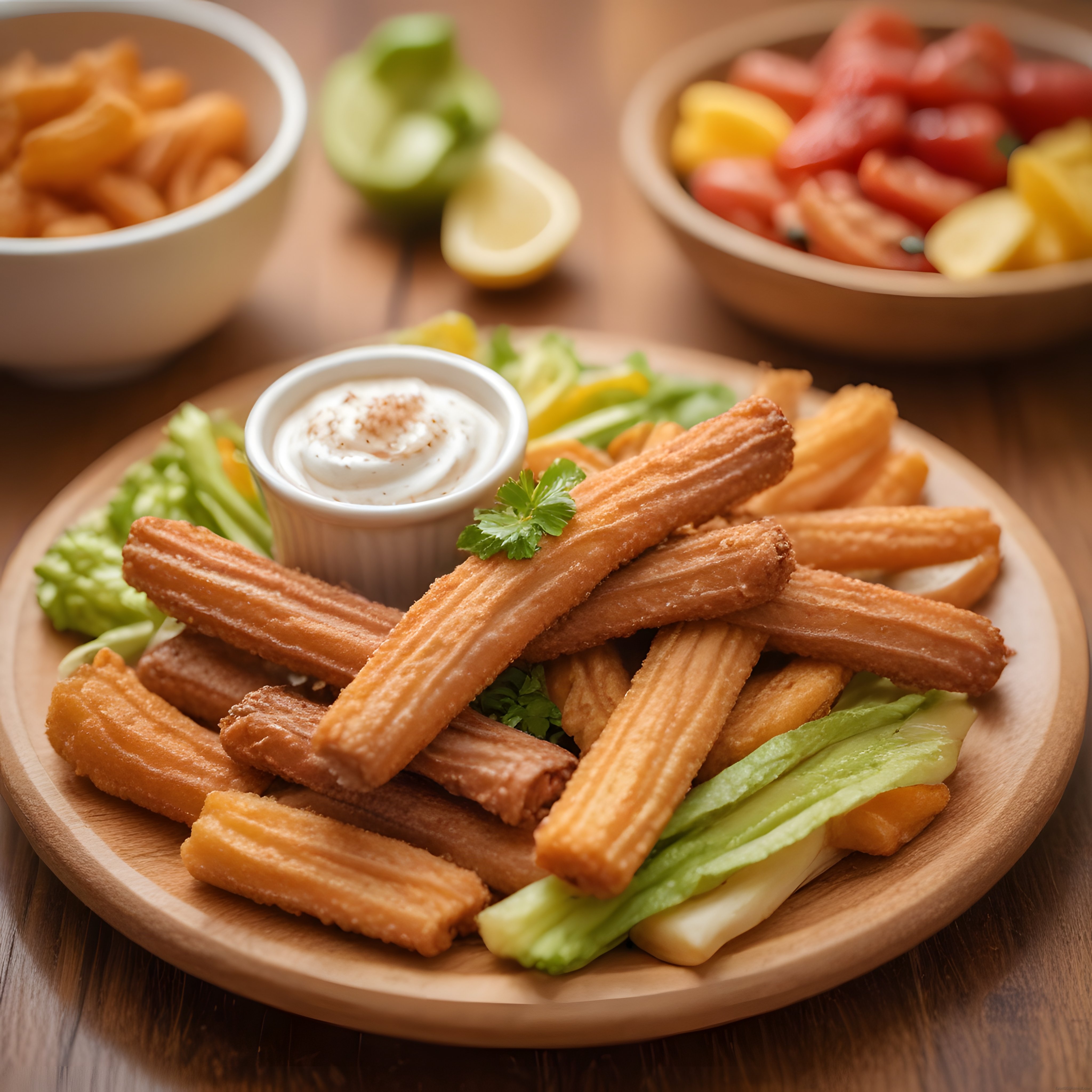 Çıtır churros, beyaz dip sos ve taze salata ile servis edilmiş tatlı tabağı