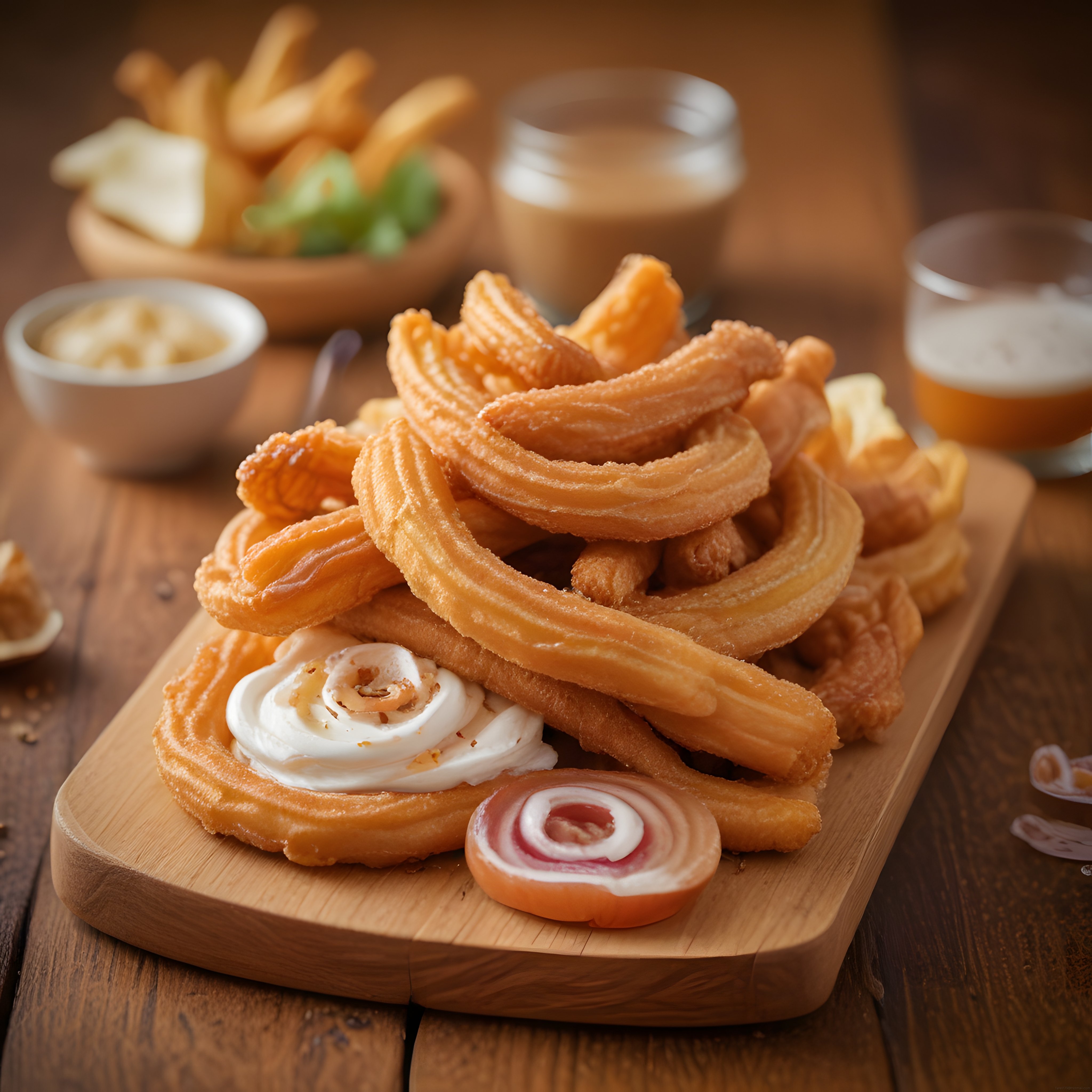 Çıtır Churros Çubukları Krema ve Sos ile Ahşap Sunum Tahtasında