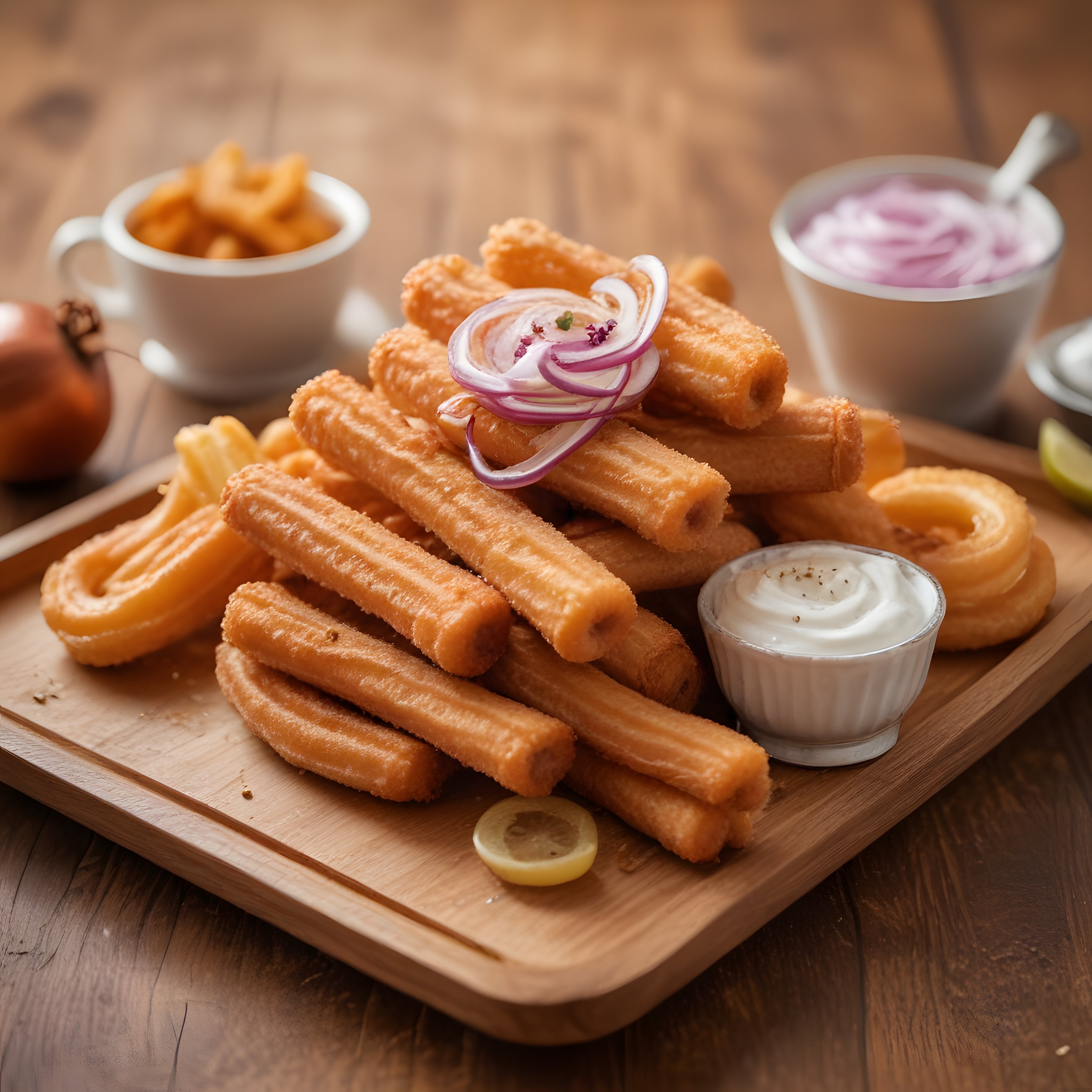 çıtır churros tatlı çubukları mor sos ve kremayla ahşap sunum tahtasında