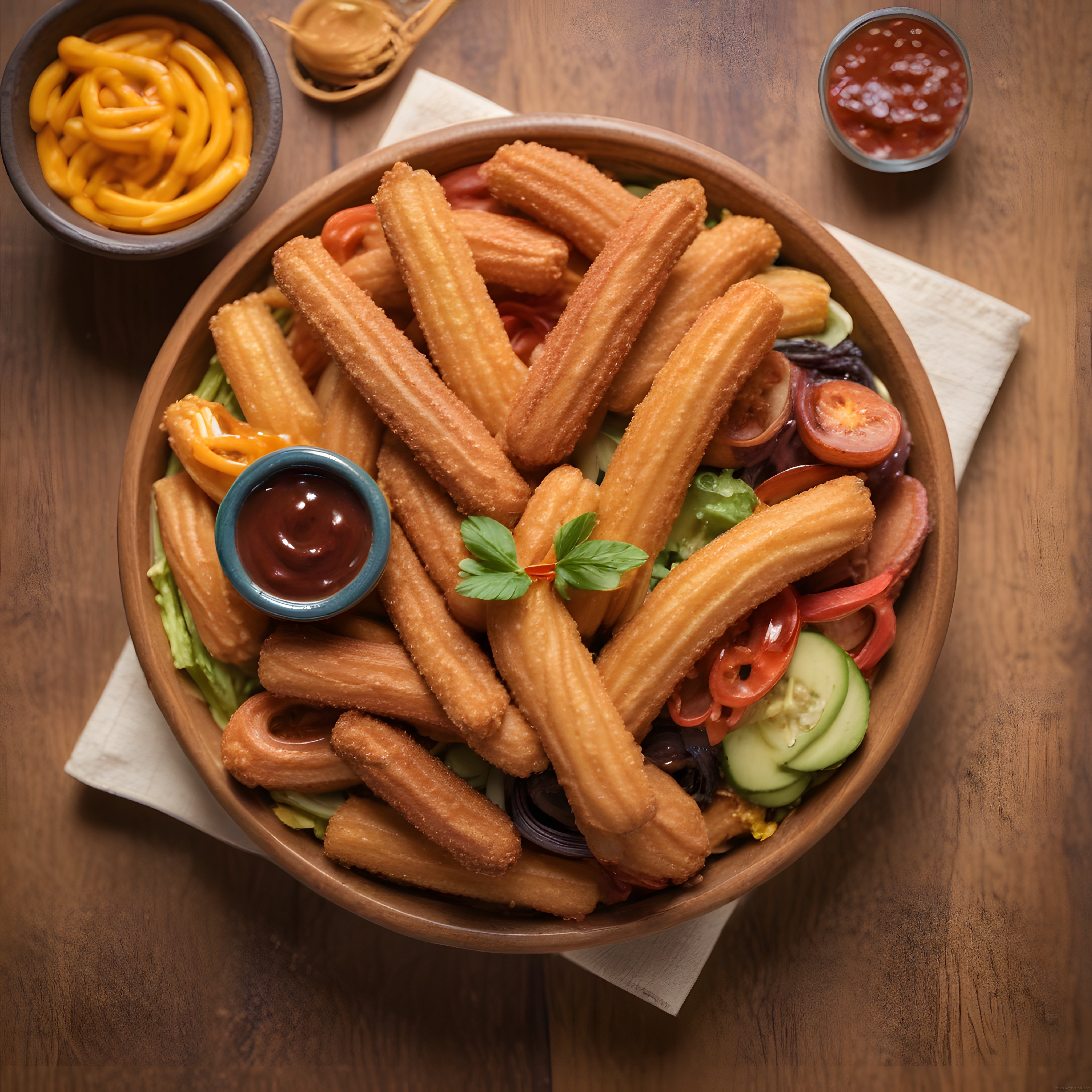 Çıtır churros tatlısı taze salata yaprakları ve özel soslarla şık sunum