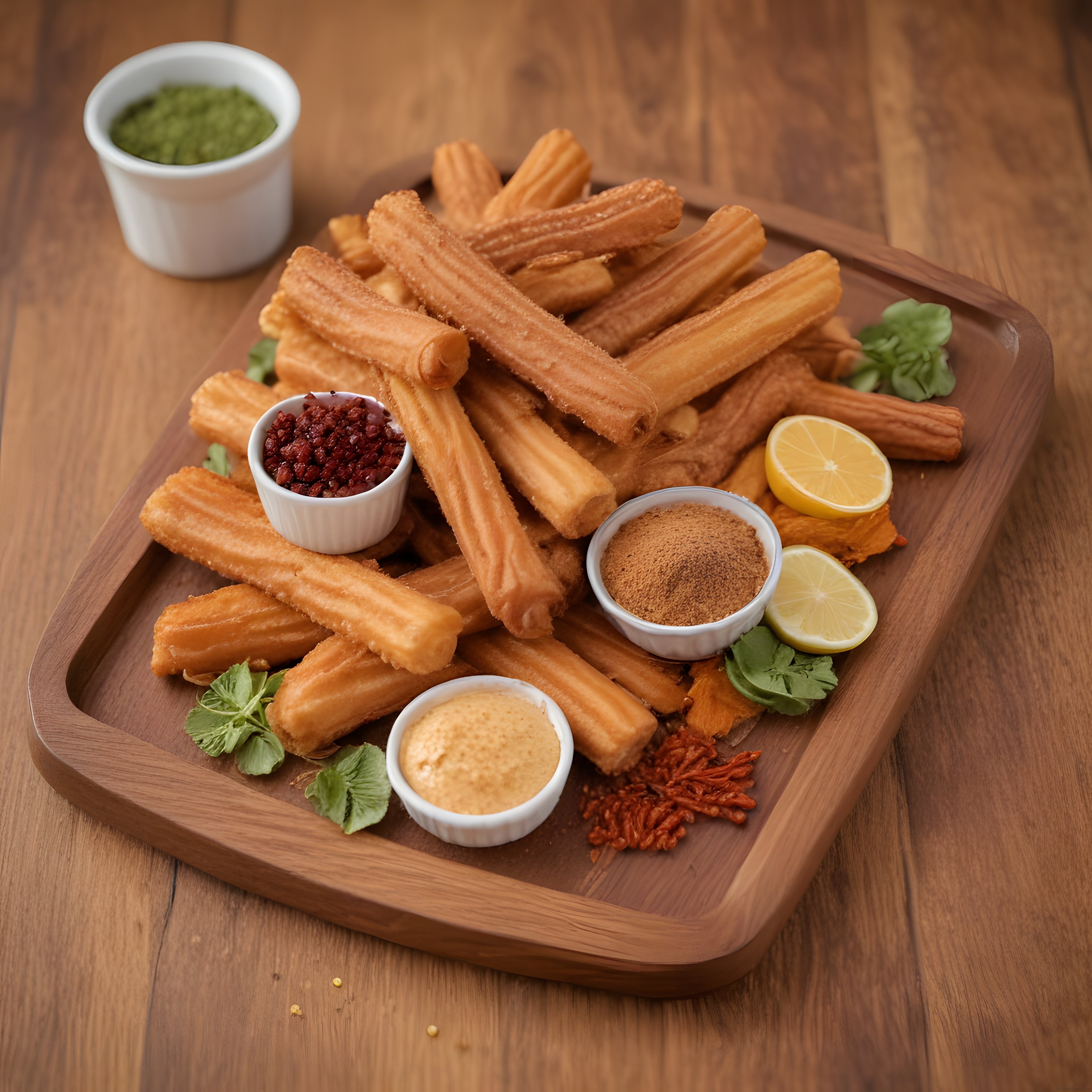 Çıtır Churros ve Ev Yapımı Dip Soslarla Ahşap Tepside Tatlı Sunumu