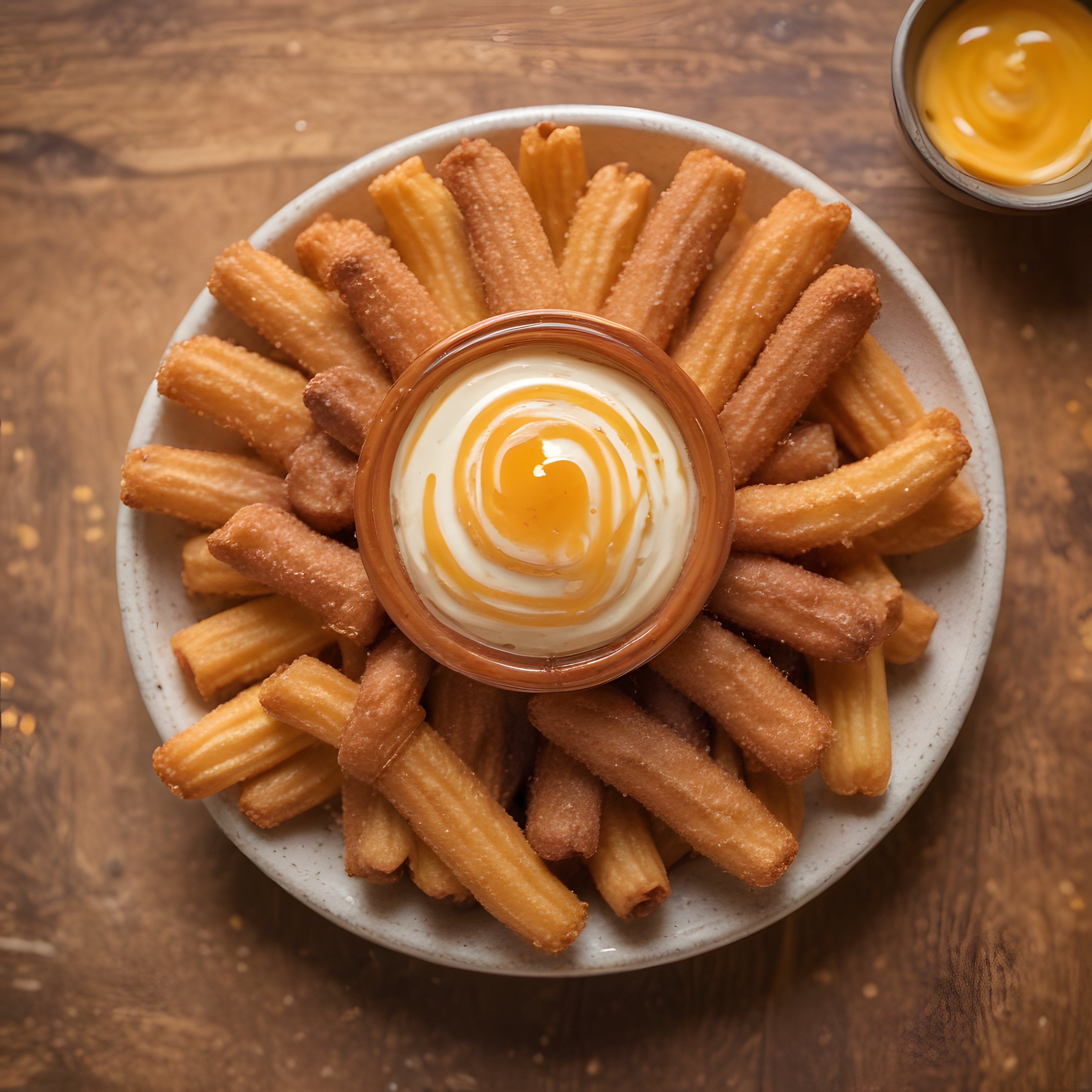 çıtır churrosların karamel soslu kremayla servis edildiği tatlı tabak