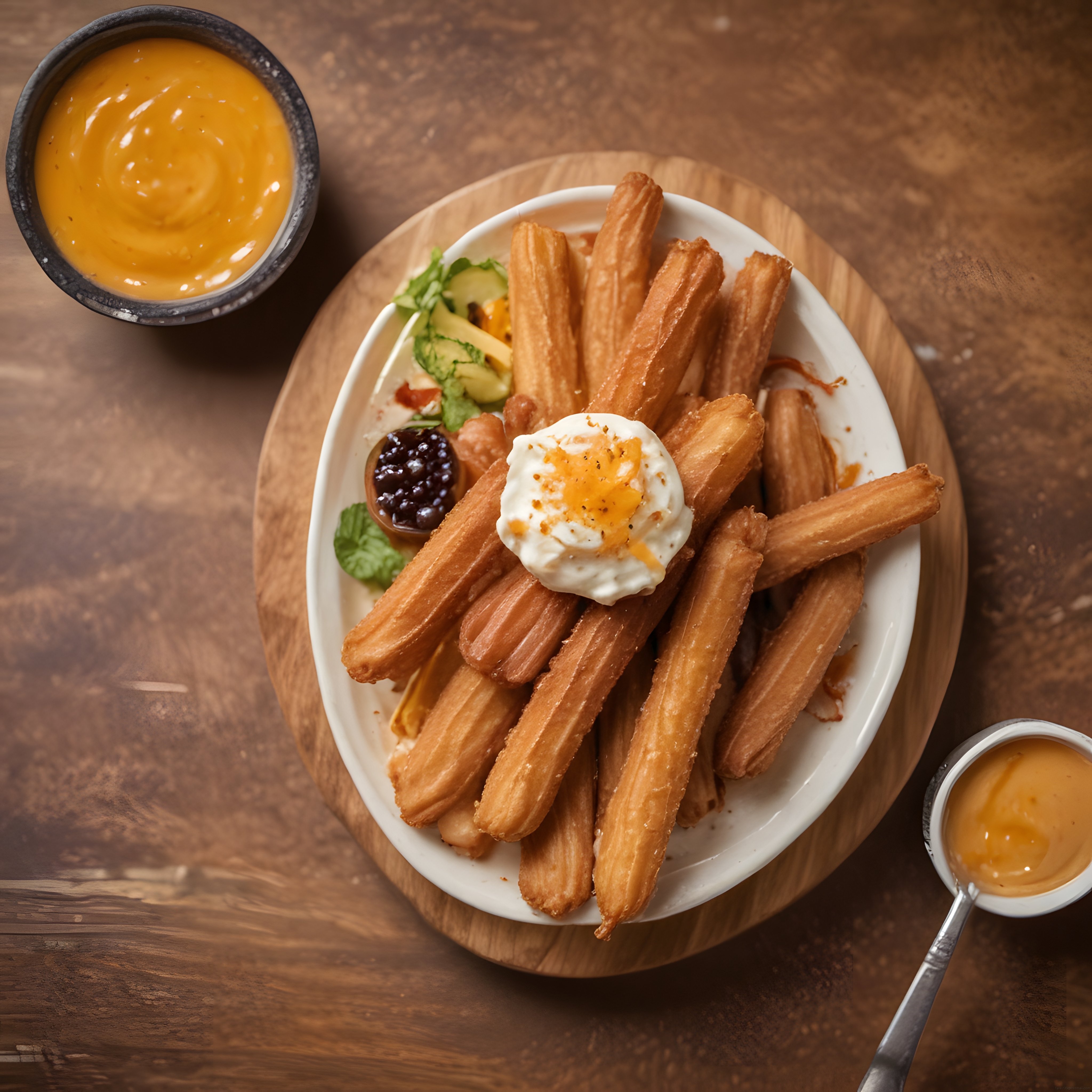 Çıtır dokulu churros üzerinde taze krema ve karamel sos ile enfes tatlı sunumu