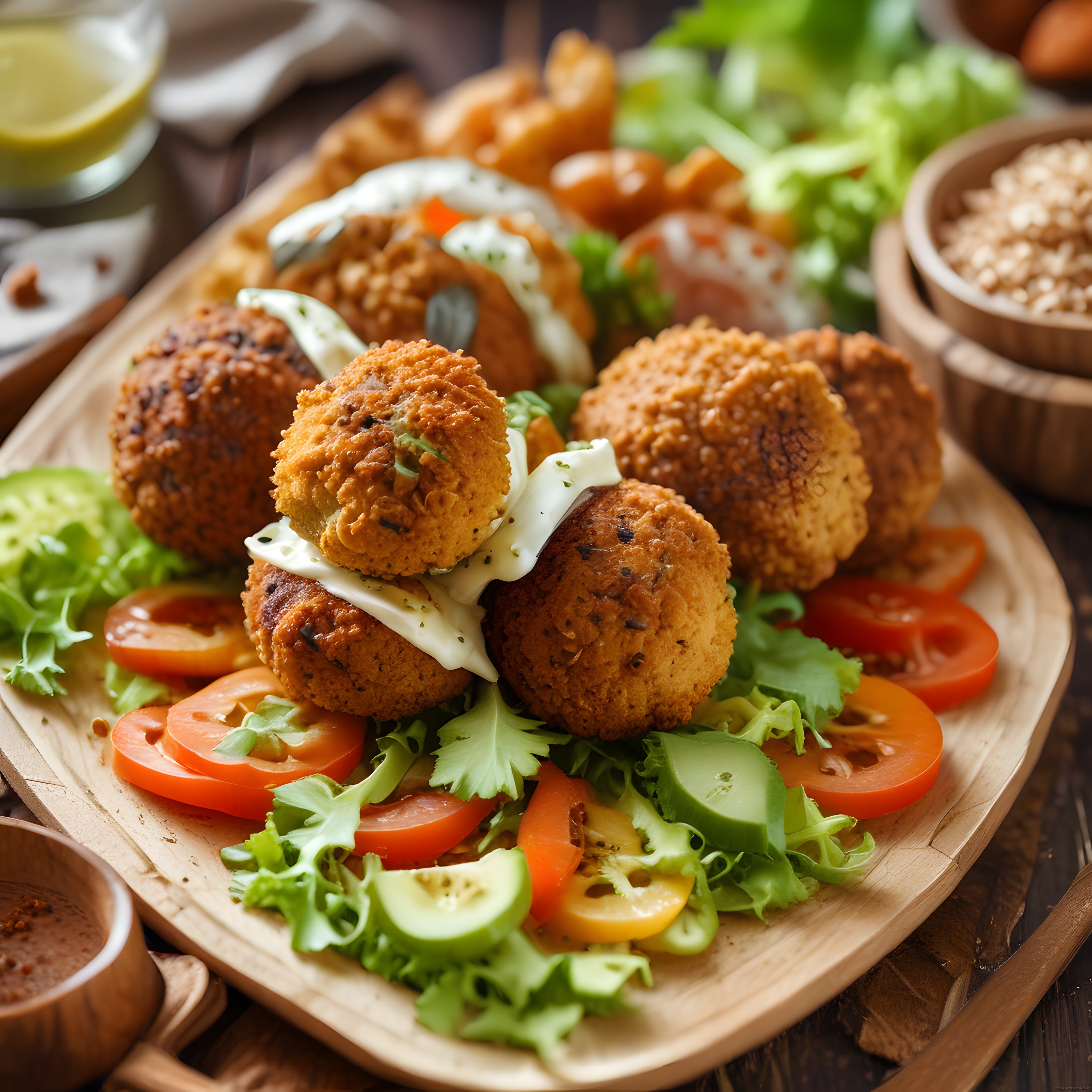 Çıtır Falafel Köfteleri Salata ve Yoğurt Sosuyla Ahşap Sunumda