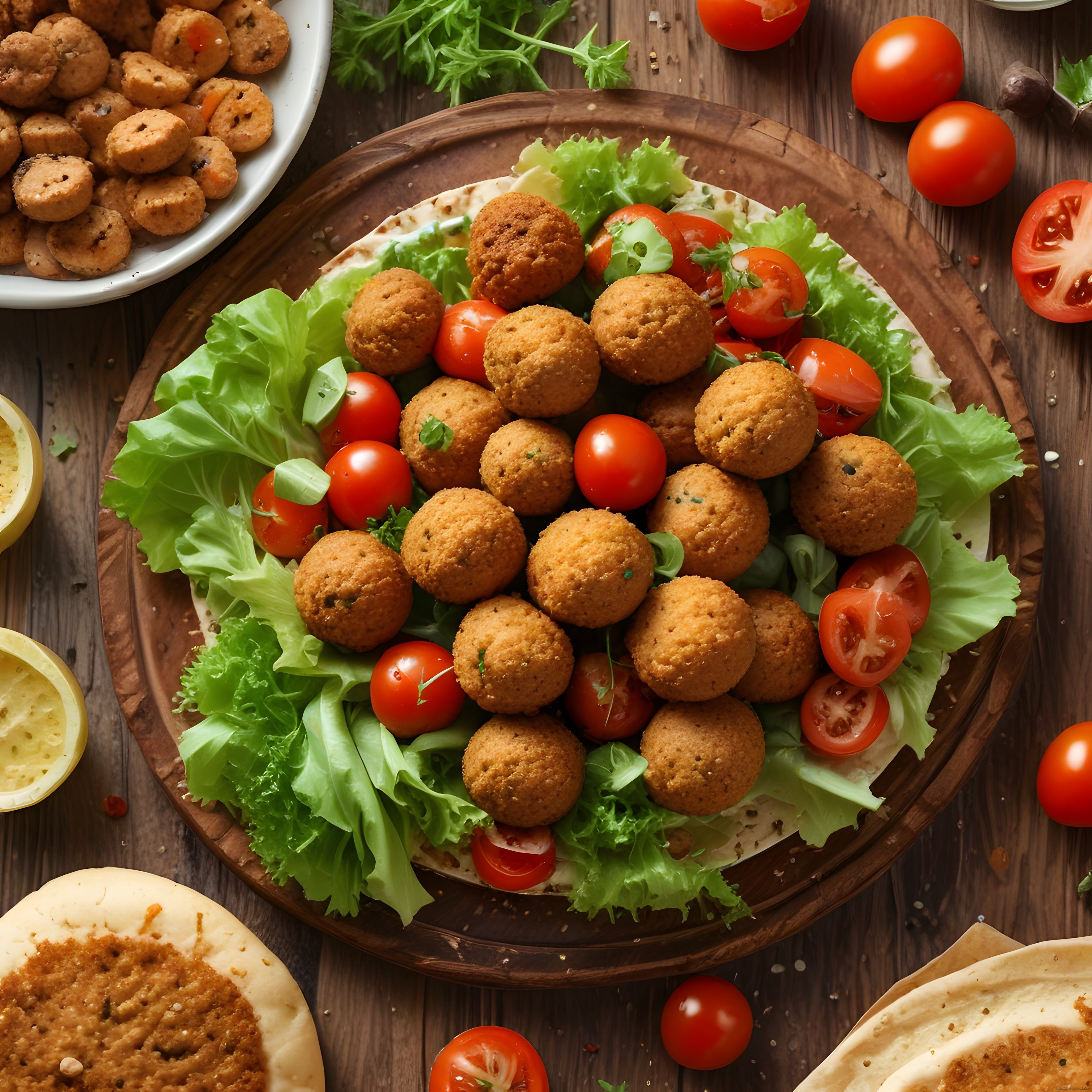 Çıtır falafel topları, taze marul ve domateslerle rustik ahşap sunum