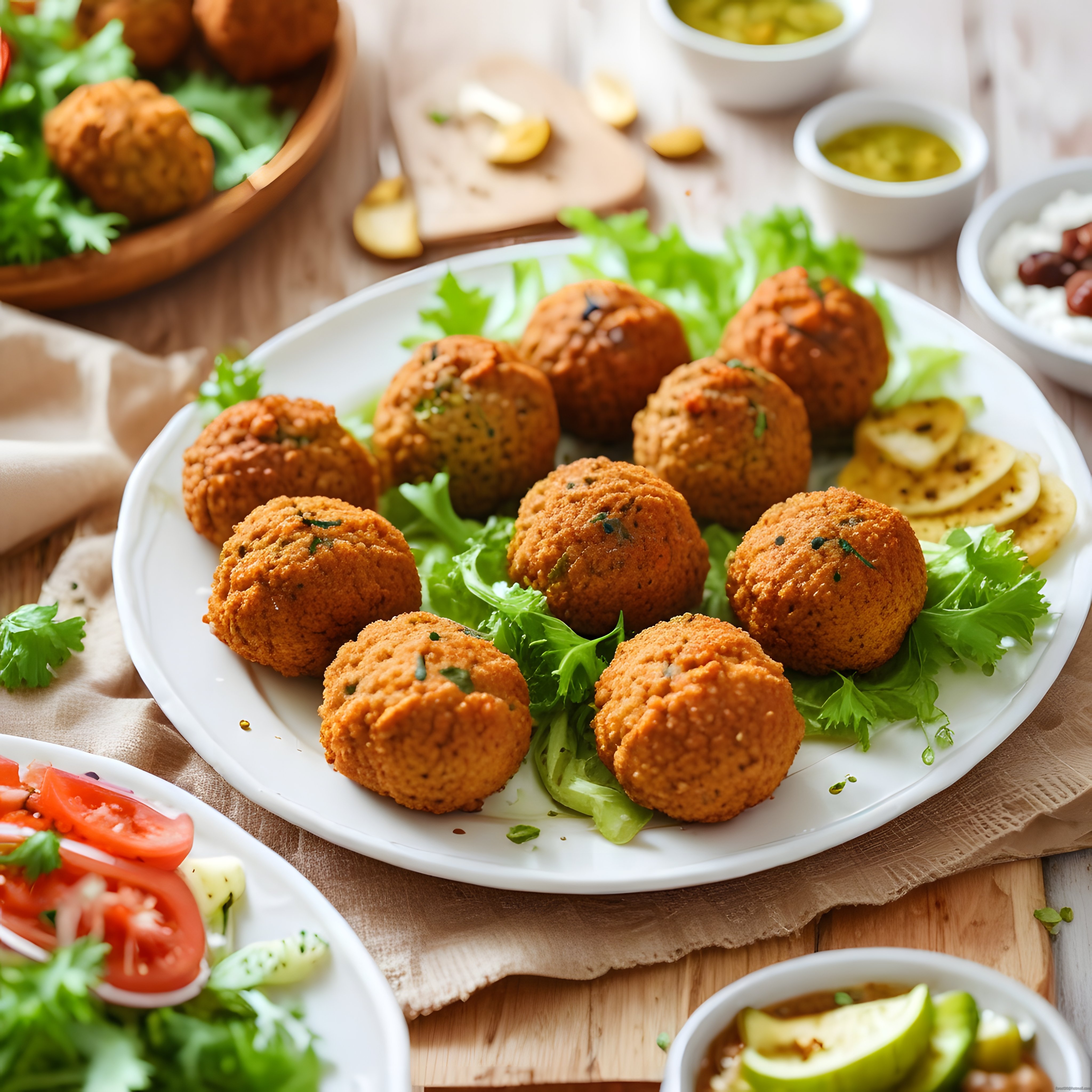 Çıtır falafel topları, taze marul ve limon eşliğinde geleneksel Ortadoğu sofrası