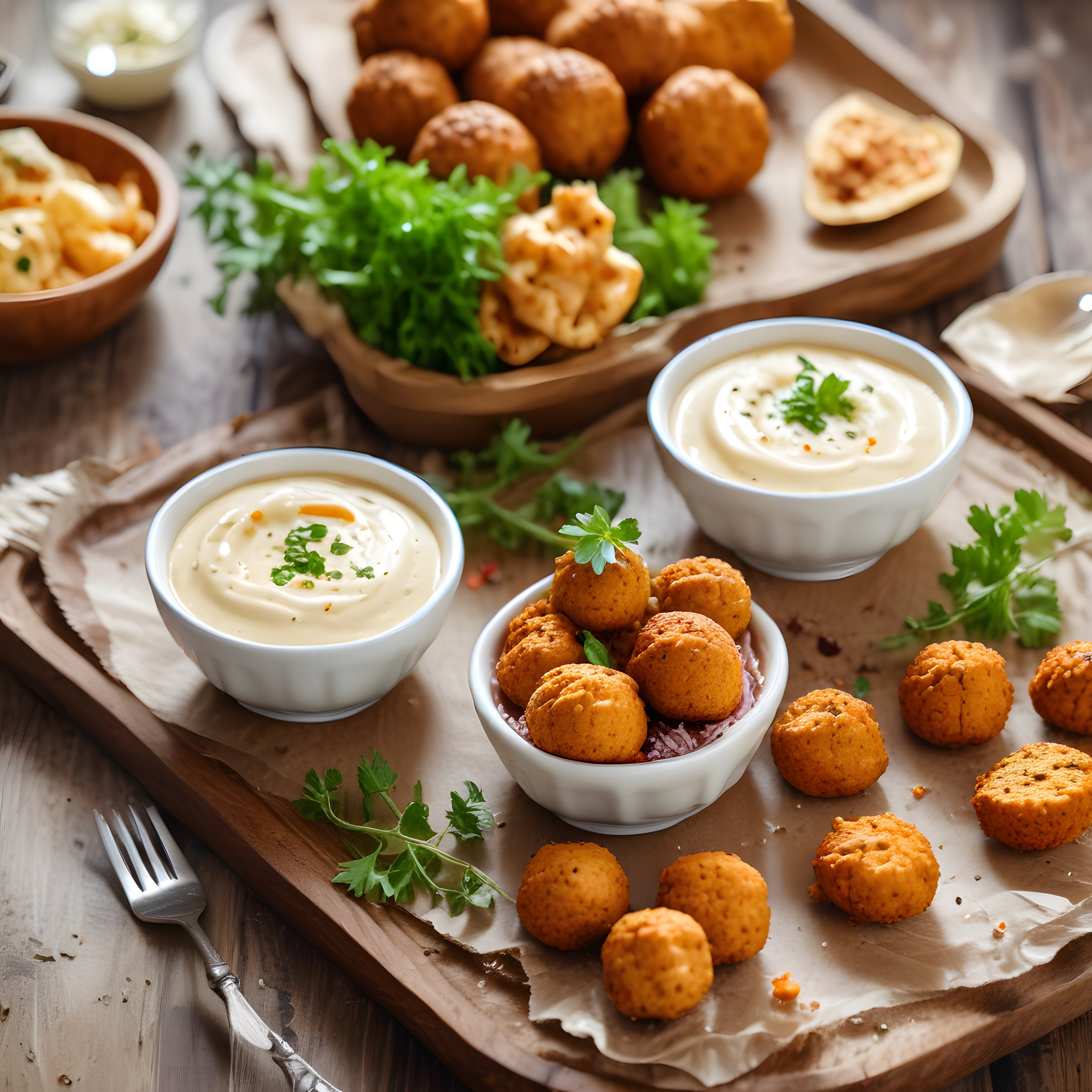 Çıtır Falafel Topları ve Kremalı Dip Soslarla Egzotik Atıştırmalık Sunumu
