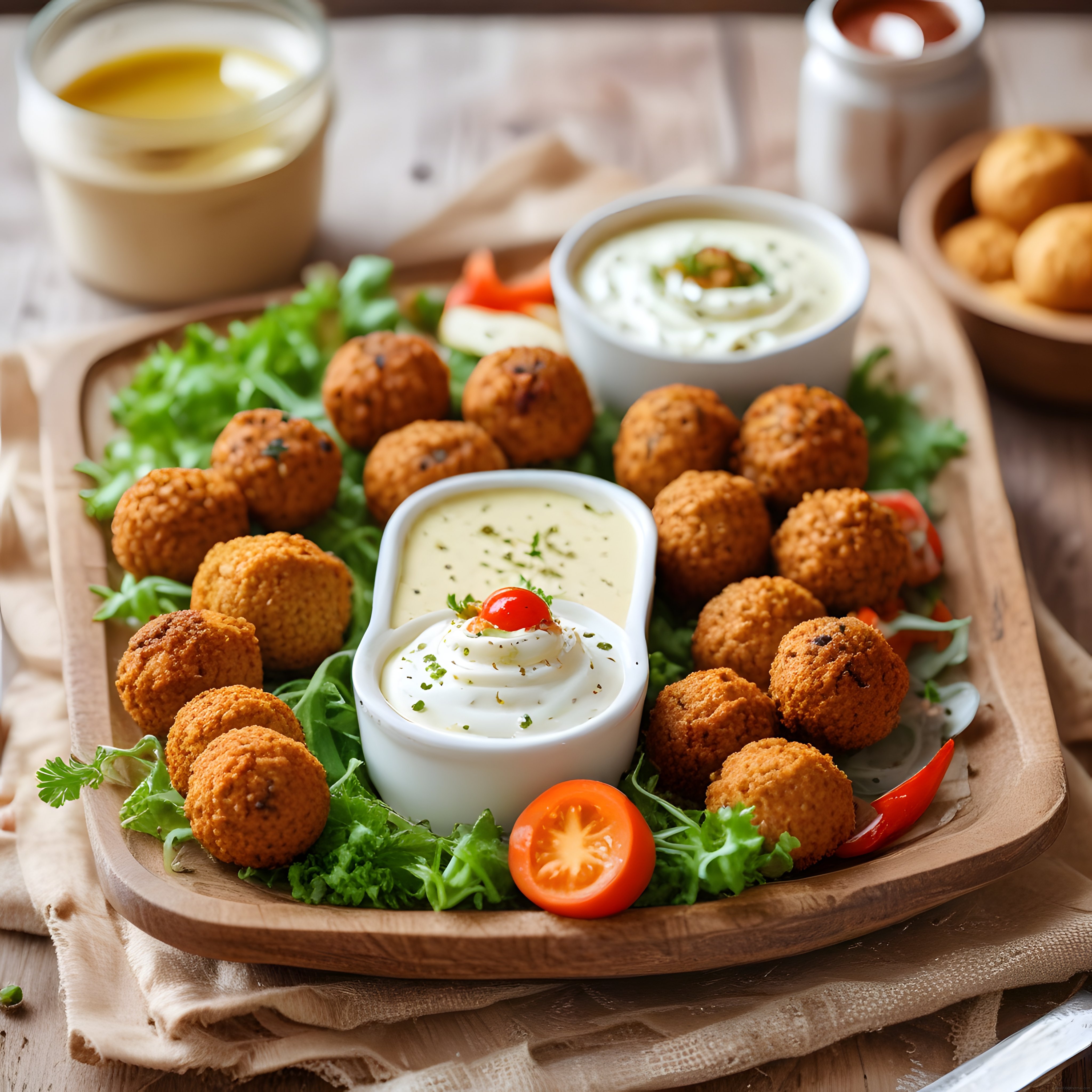 Çıtır Falafel Topları ve Taze Yeşilliklerle Şık Ahşap Sunum Tabağı